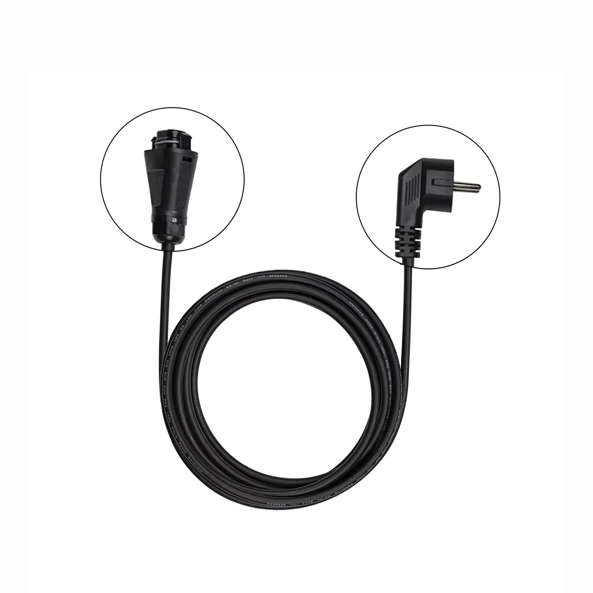 Schwarzes Stromkabel mit kreisförmiger Schnur. Ein Ende hat einen Stecker, das andere einen Anschluss. Beide sind umkreist.