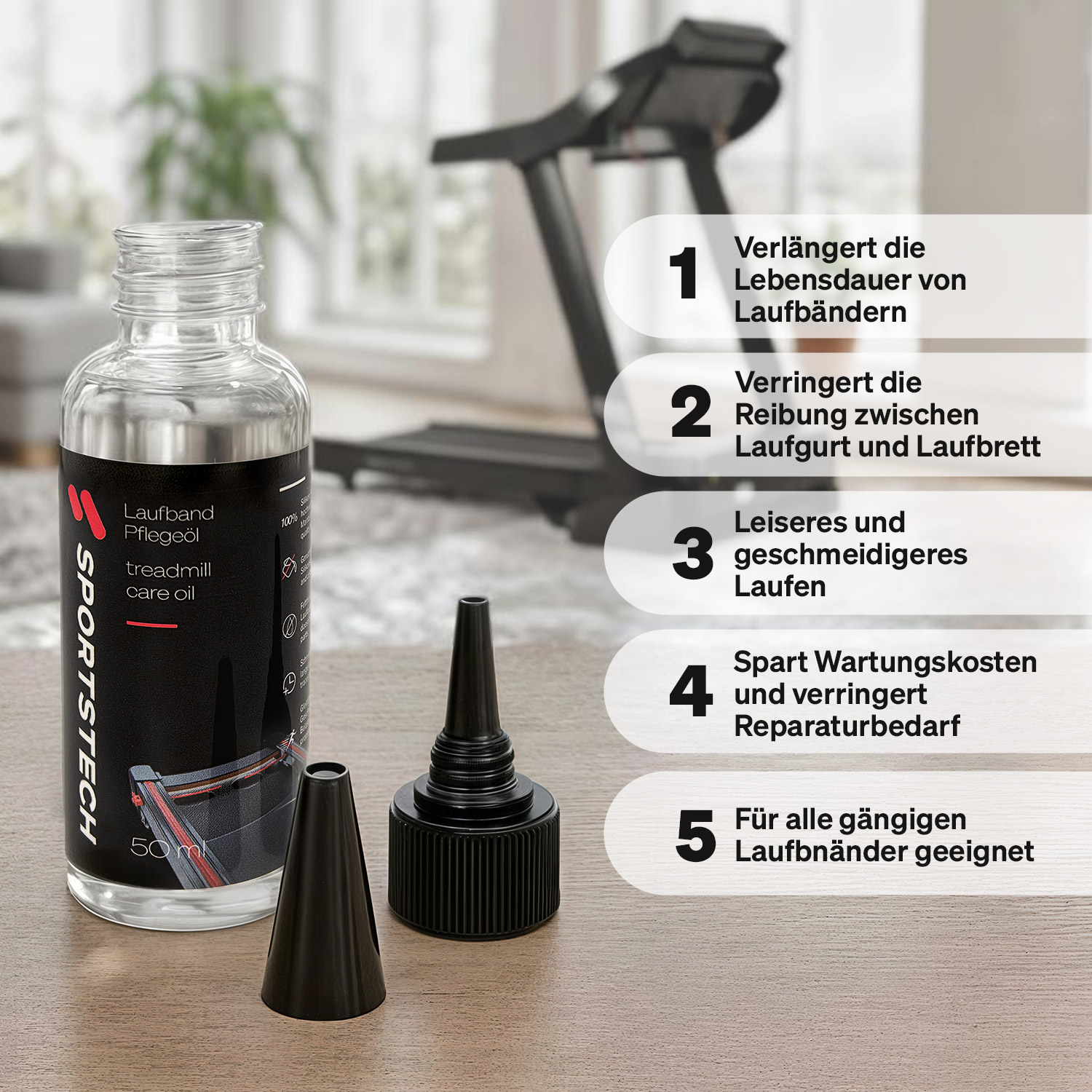 Eine Flasche Laufband-Pflegeöl mit Applikatoren. Der Hintergrund zeigt ein Laufband, der Text hebt die Vorteile hervor.