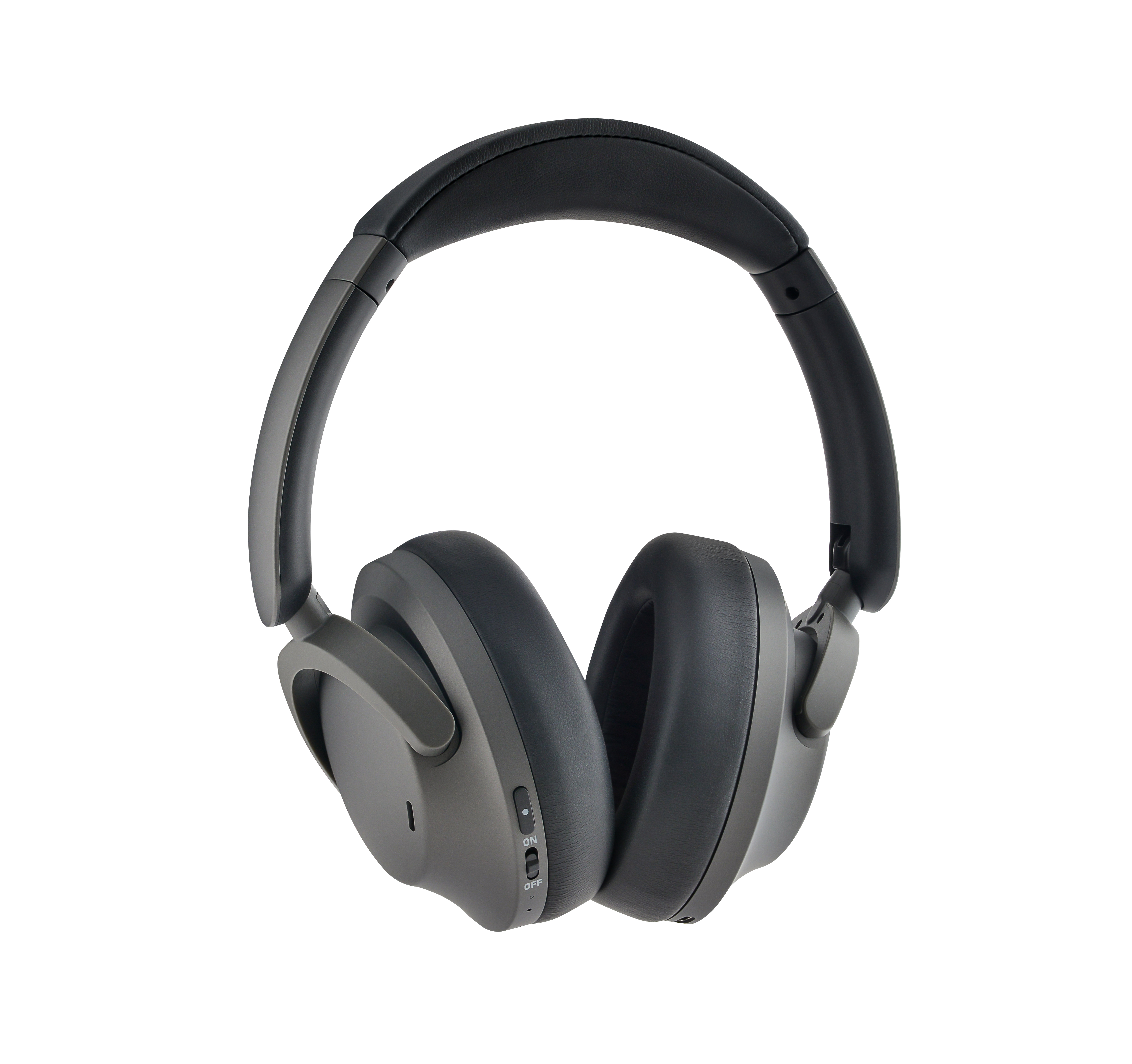 Over-Ear-Kopfhörer mit grauen Ohrmuscheln und einem schwarzen Kopfbügel. Die linke Ohrmuschel hat einen Ein-/Ausschalter.
