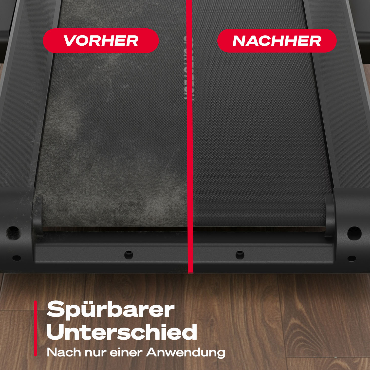 Ein Laufband ist geteilt. Die linke Hälfte ist abgenutzt und grau, beschriftet mit 'VORHER'. Die rechte Hälfte ist sauber und schwarz, 'NACHHER'.