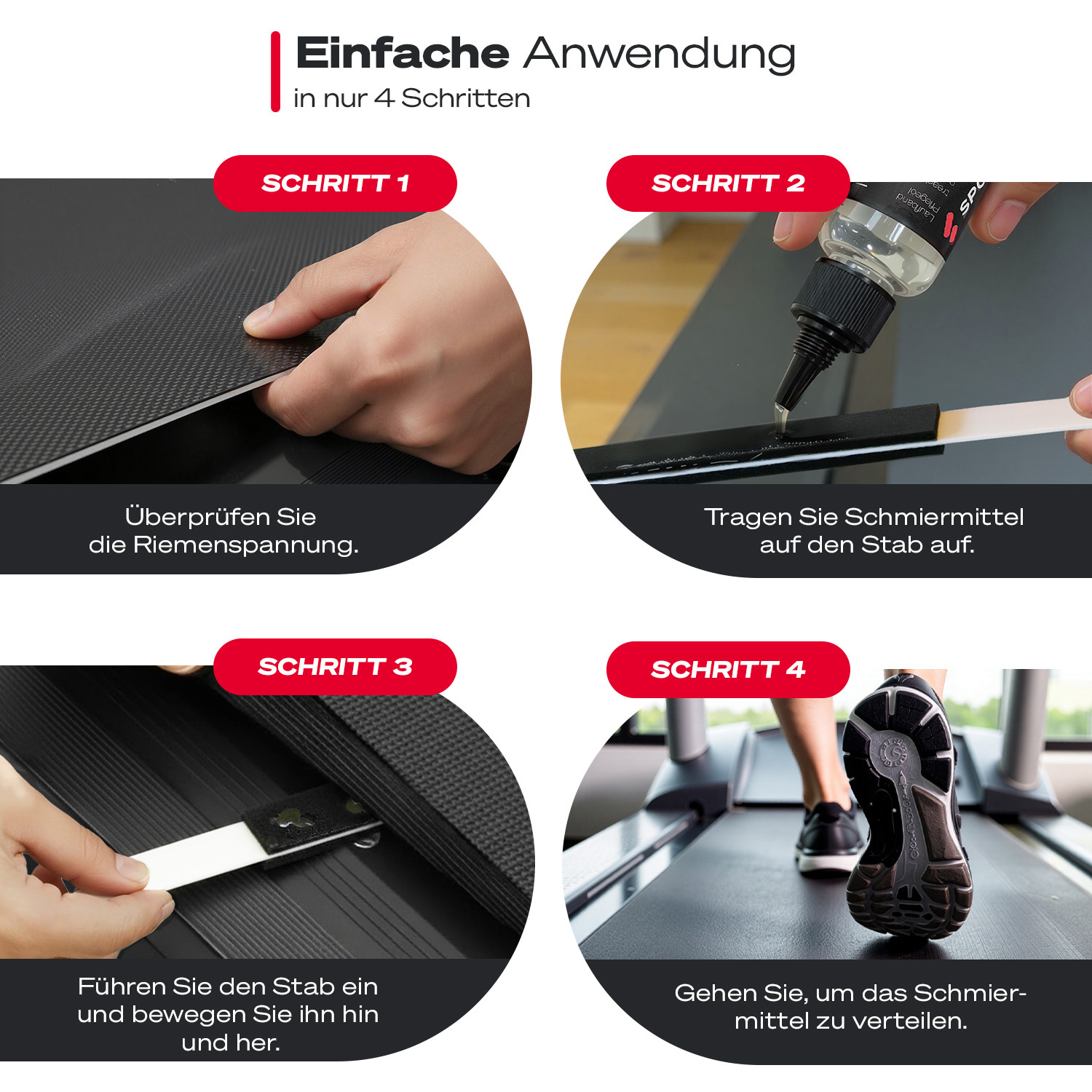Anleitung zur Wartung des Laufbands, zeigt 4 Schritte: Überprüfung der Bandspannung, Auftragen von Schmiermittel, Einlegen eines Stabs, Gehen.