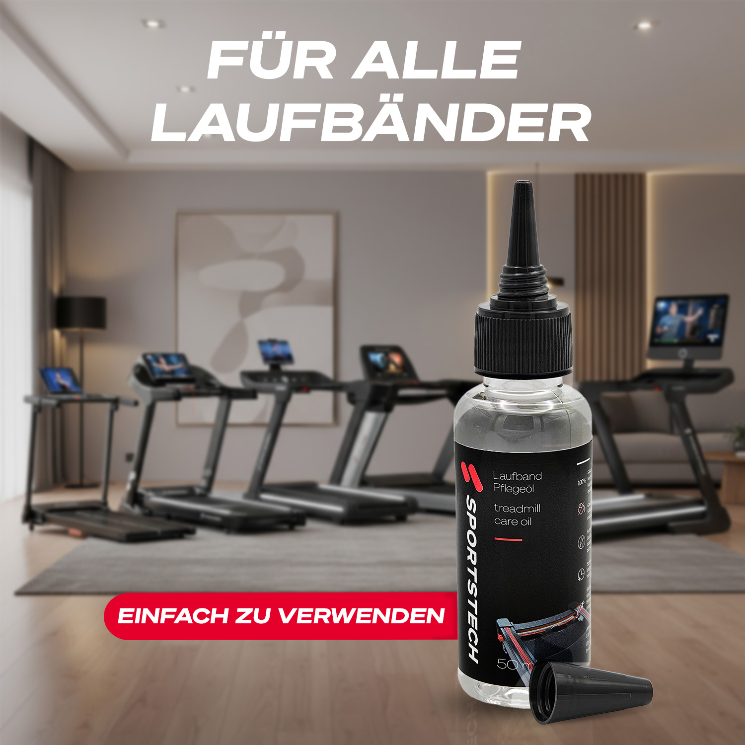 Eine Flasche Laufbandpflegeöl steht vor Laufbändern. Der Text lautet: Für alle Laufbänder, einfach zu verwenden.