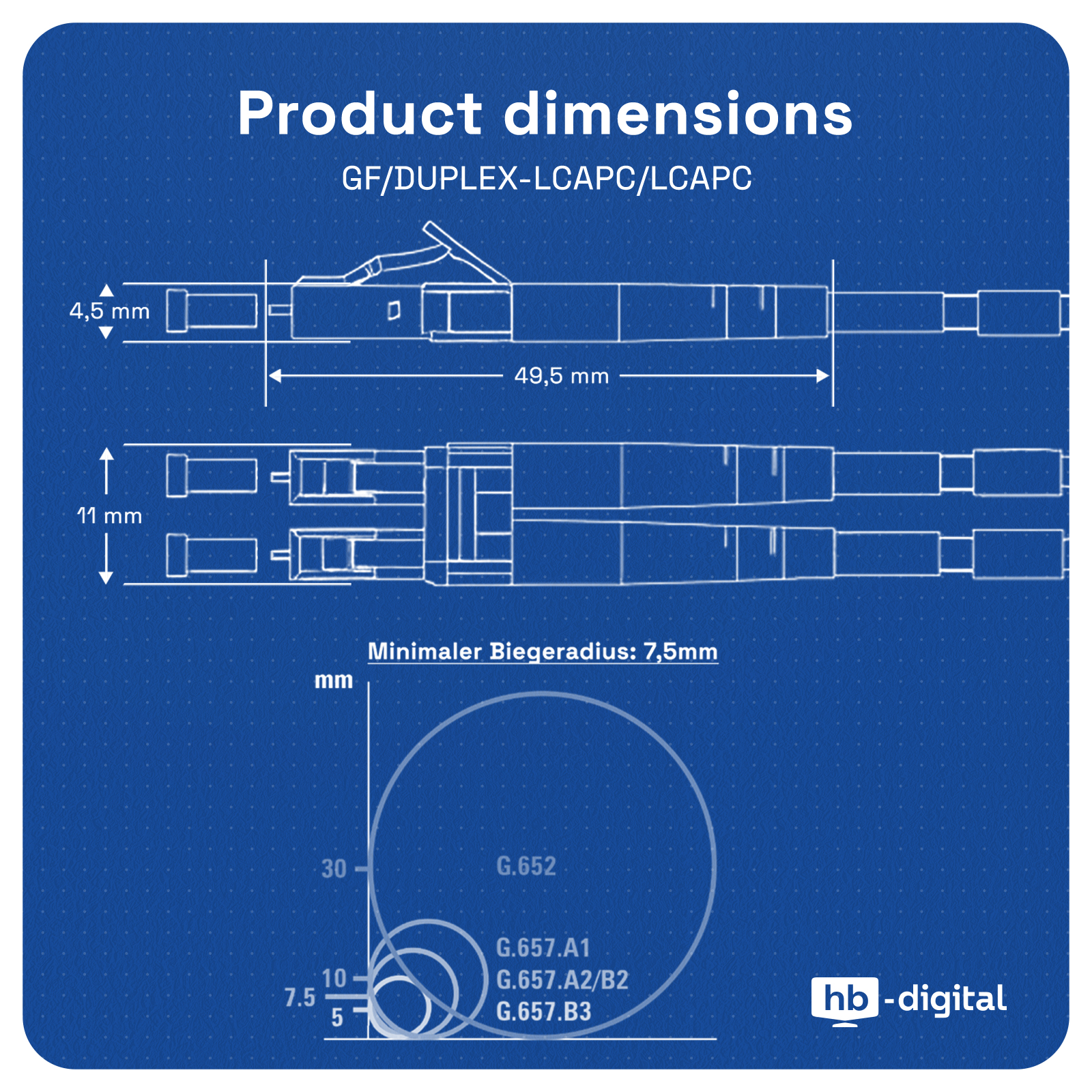 Technische Zeichnung mit Produktabmessungen. Enthält Maße, Beschriftungen und Kreisdiagramme auf blauem Hintergrund.