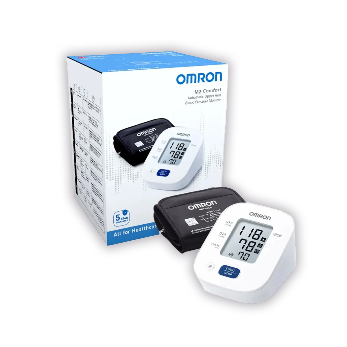 Ein Omron-Blutdruckmessgerät-Set. Es enthält eine Box, zwei Monitore und zwei Armmanschetten. Die Monitore zeigen Blutdruckwerte an.