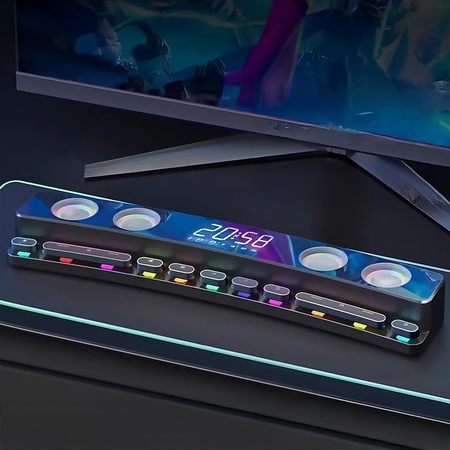 Una configurazione da scrivania con un monitor che mostra un gioco. Una soundbar con luci e un orologio digitale è davanti al monitor.