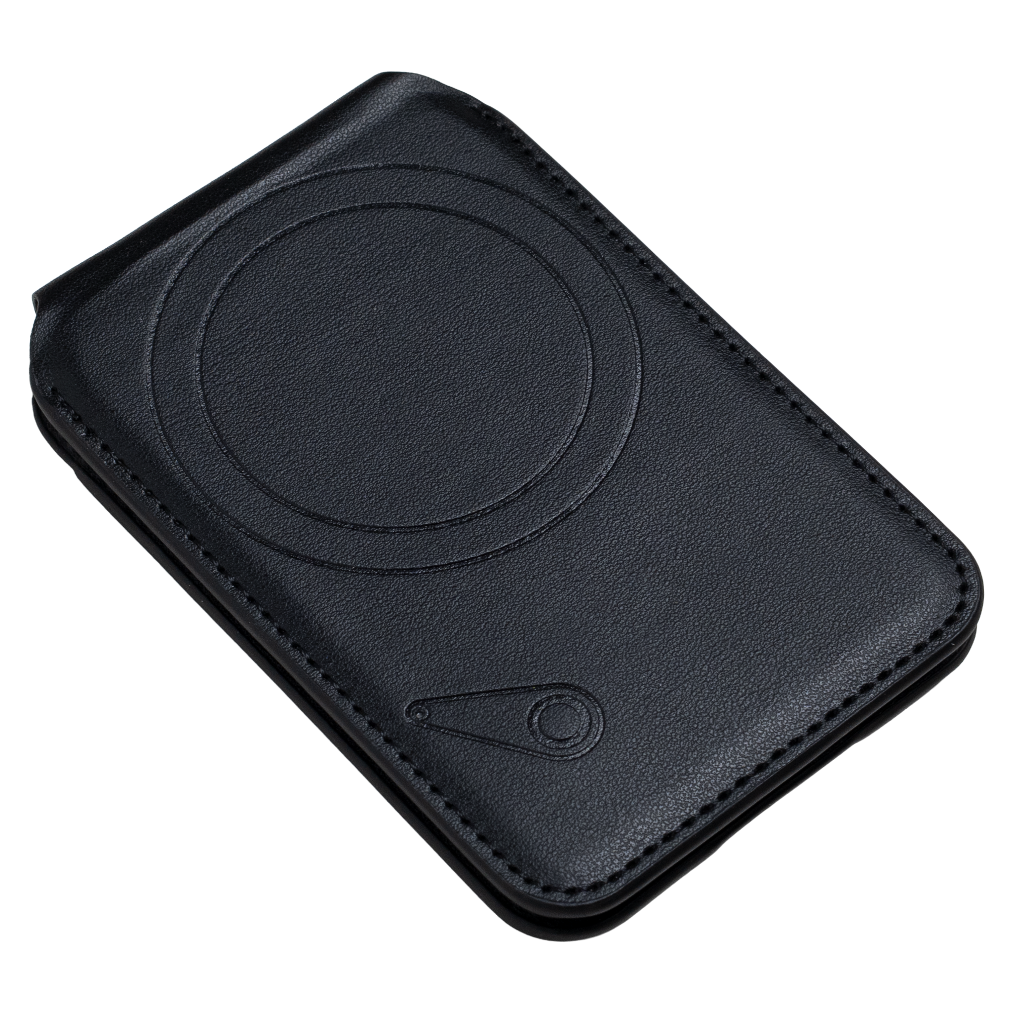 Eine schwarze Ledergeldbörse mit kreisförmigem Design und strukturierter Oberfläche auf weißem Untergrund.