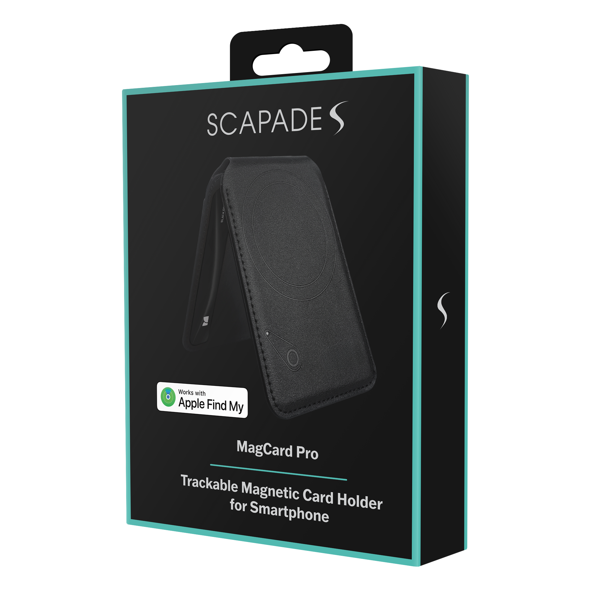 Eine Schachtel mit einem schwarzen Kartenhalter. Text: 'SCAPADES', 'MagCard Pro' und 'Apple Find My'.