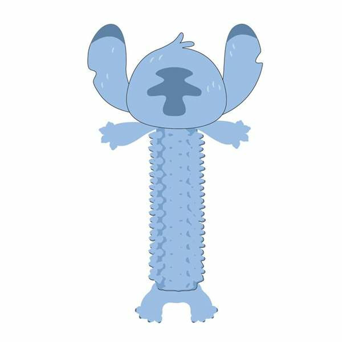 Un giocattolo blu a forma di Stitch. Ha una testa con grandi orecchie e un corpo allungato e strutturato. Piedi in basso e braccia piccole ai lati.