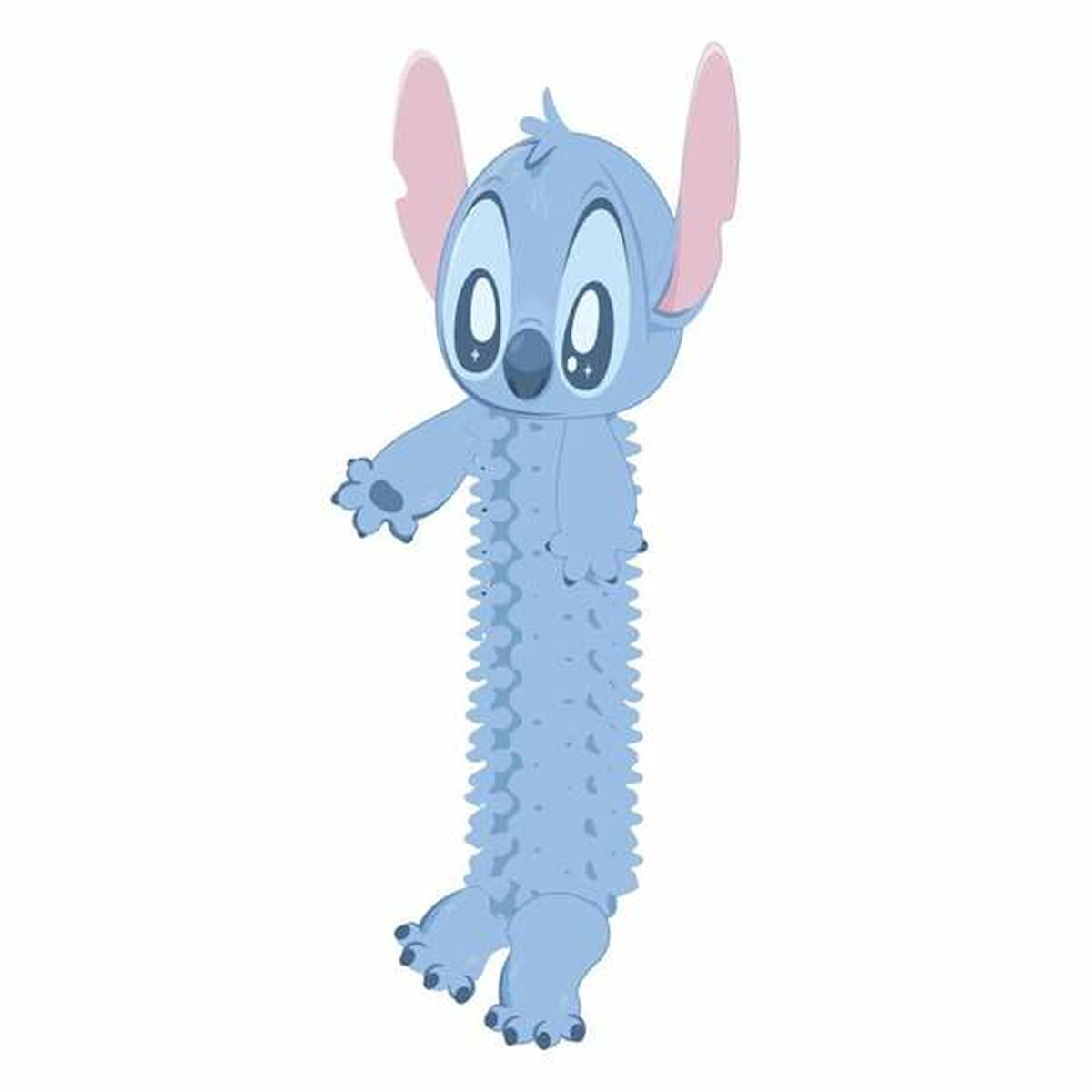 Giocattolo di Stitch blu chiaro, con grandi occhi, orecchie rosa e corpo a spillo. È in piedi su sfondo bianco.