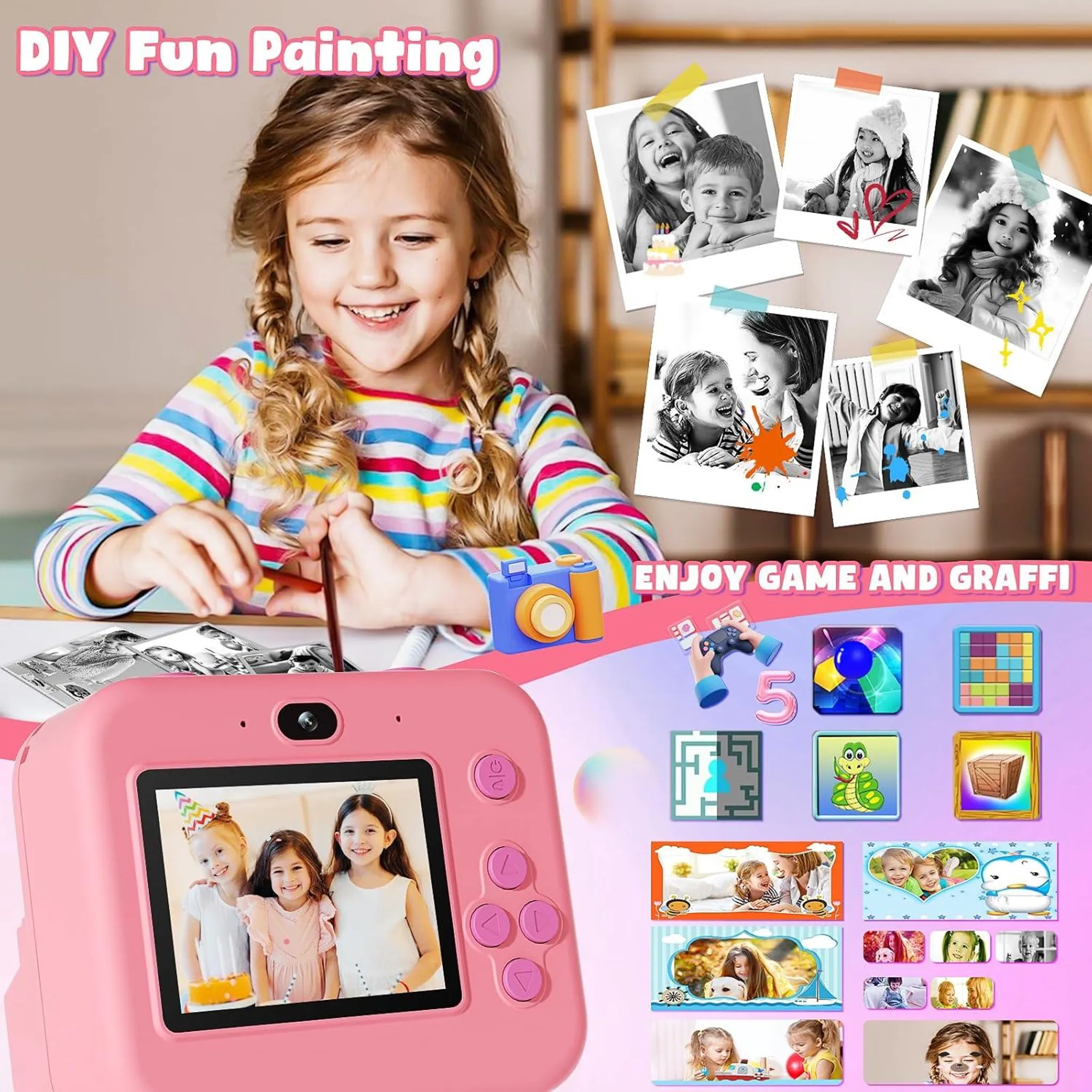 Mädchen lächelt, benutzt pinke Kamera. Fotos und Spielsymbole im Hintergrund.