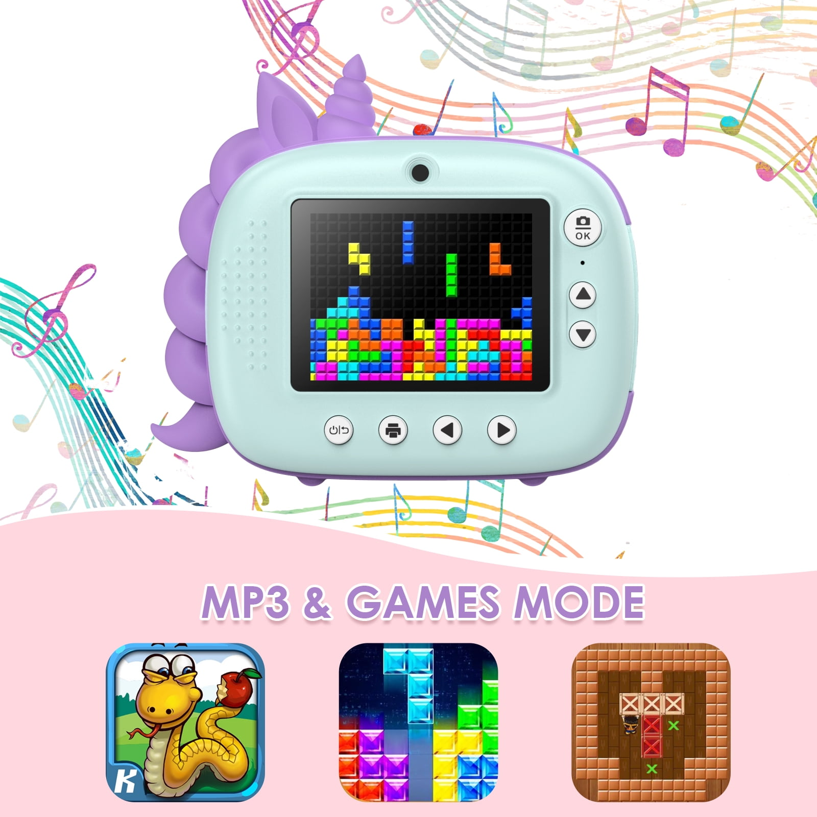 Eine Handheld-Spielkonsole mit Einhorn-Design, die Tetris spielt. Darunter befinden sich drei Spielsymbole.