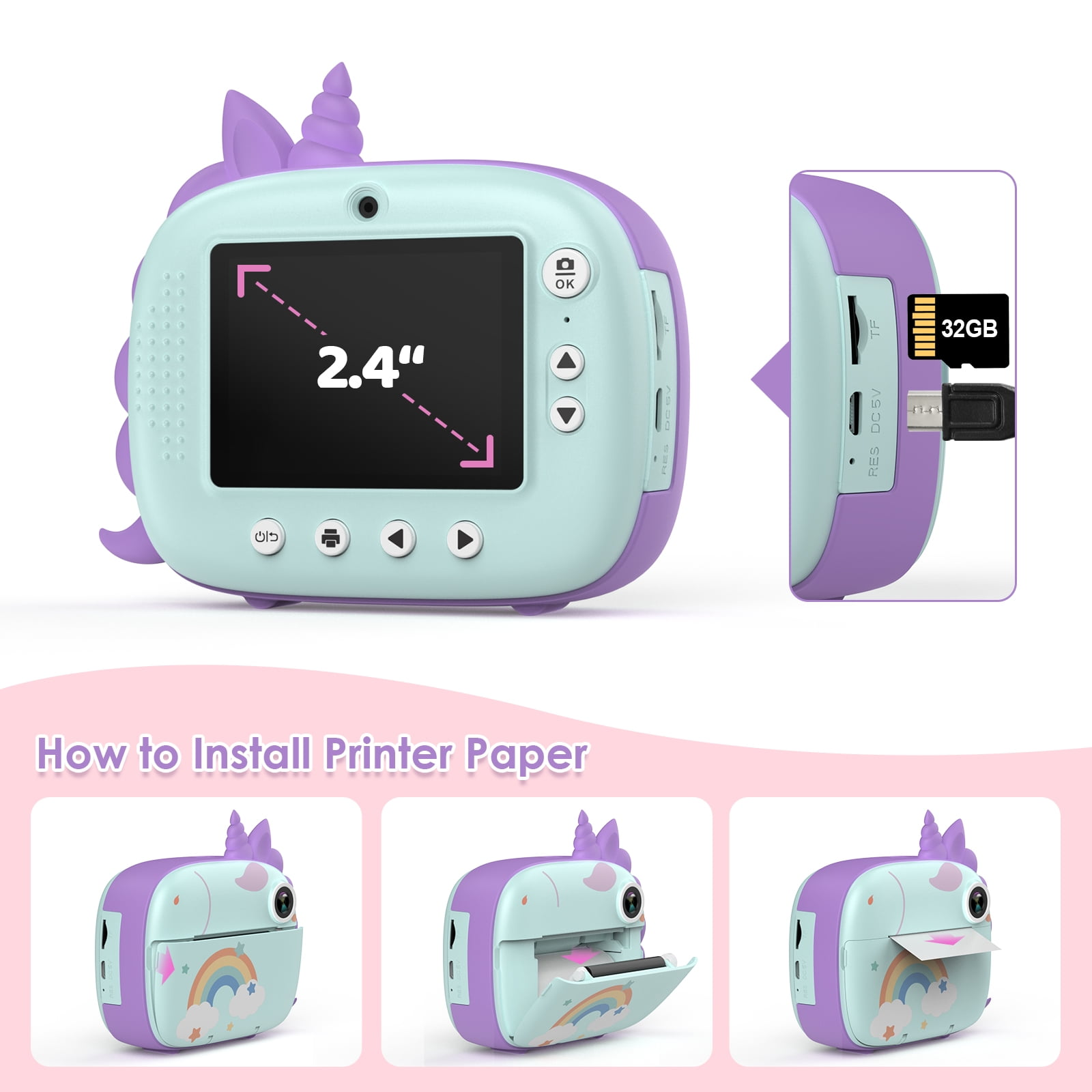 Eine mintfarbene und lila Einhorn-Kamera mit 2,4-Zoll-Bildschirm und 32-GB-Speicherkarte sowie Anweisungen zum Einlegen von Papier.