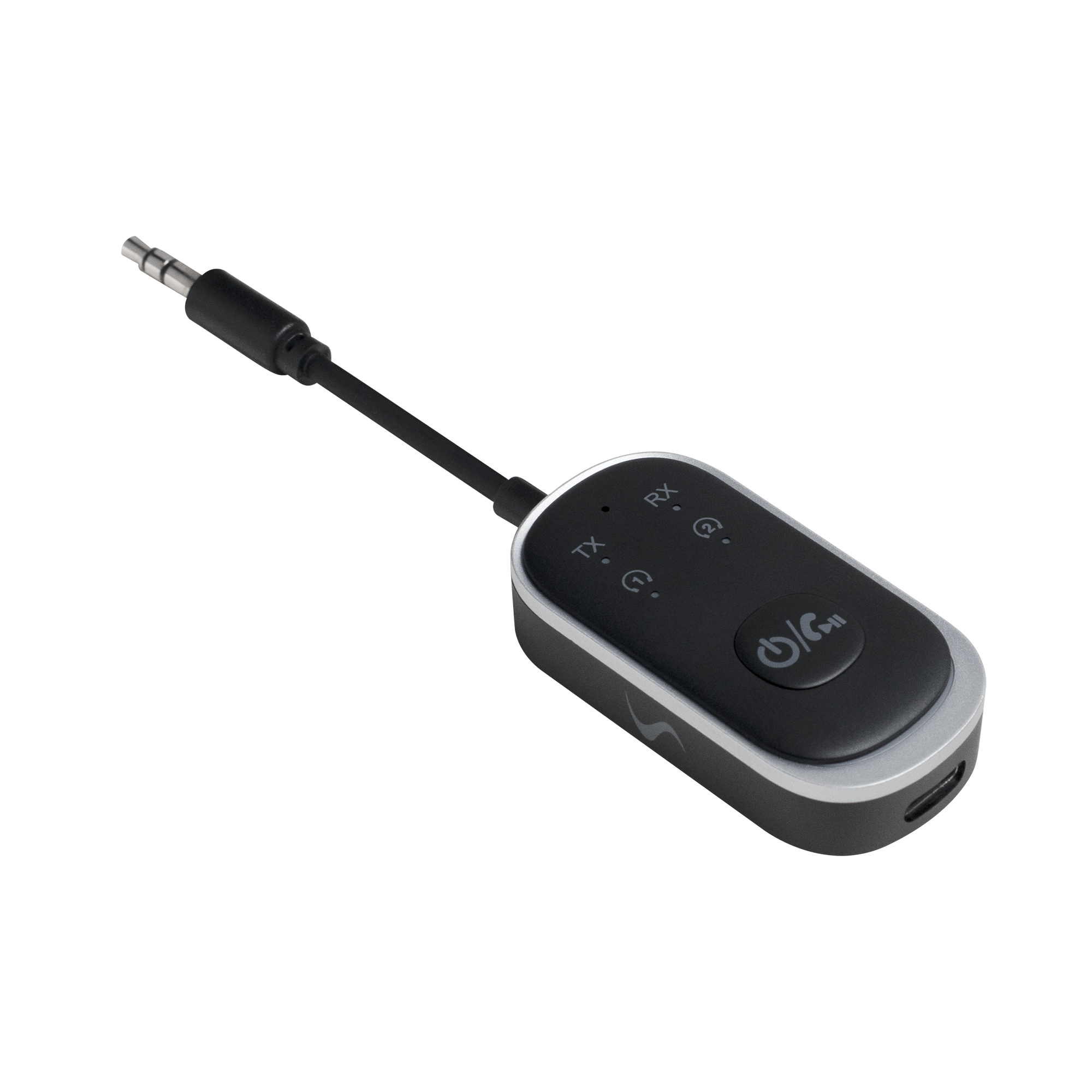 Ein schwarzer und silberner Bluetooth-Empfänger mit 3,5-mm-Klinke. Er hat Tasten und Kontrollleuchten auf einer schwarzen Oberfläche.