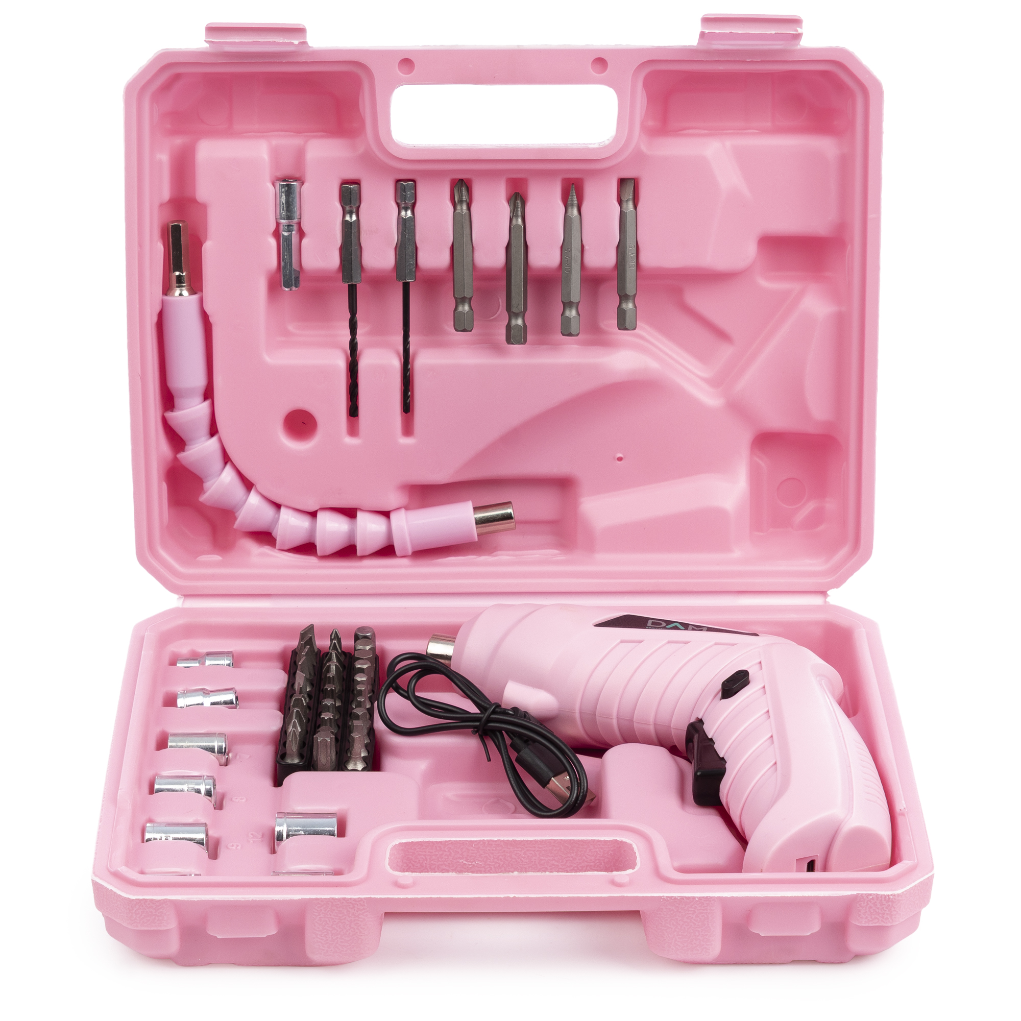 Cassetta degli attrezzi rosa con vari strumenti, tra cui un trapano e punte. La custodia è aperta, mostrando il contenuto.