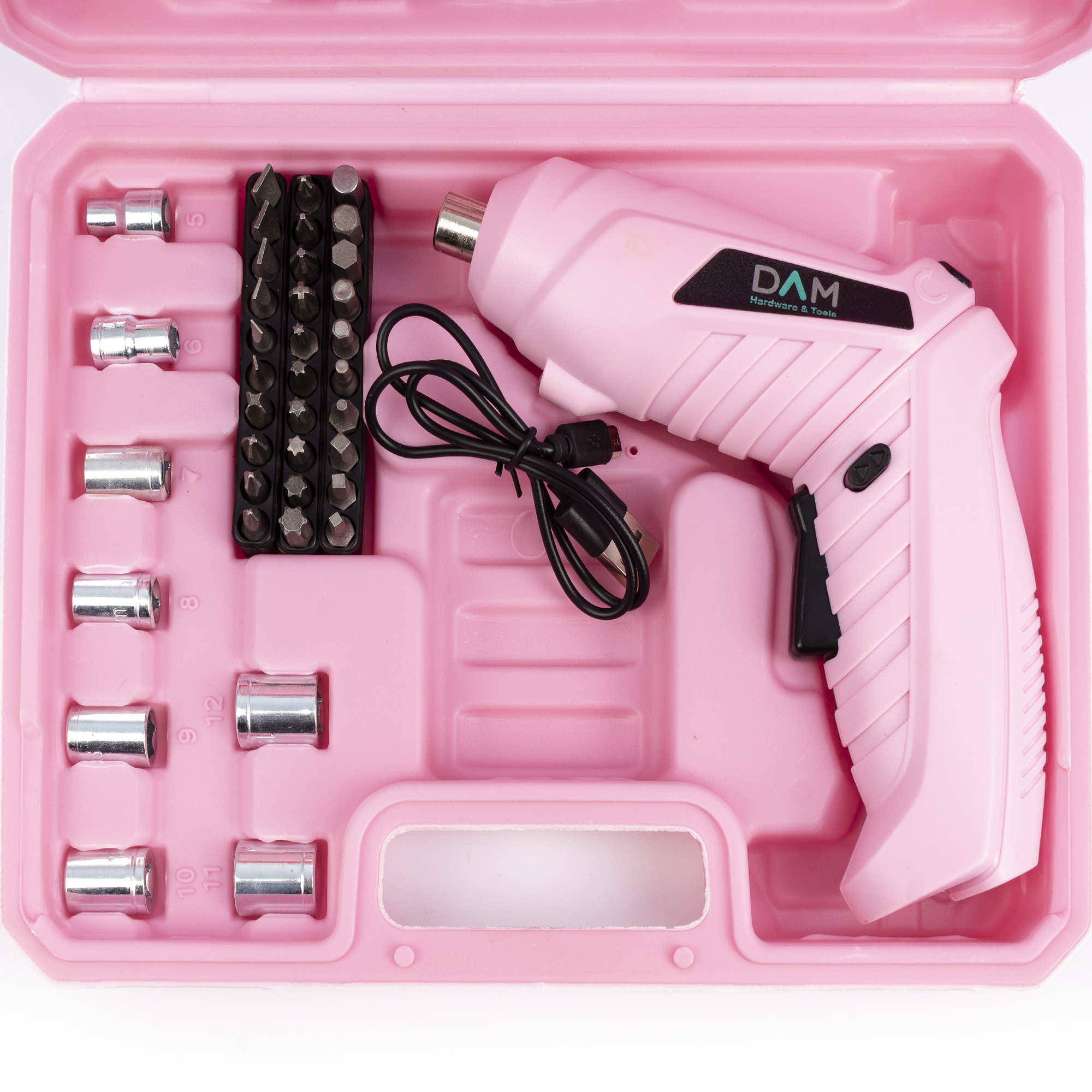 Kit cacciavite elettrico rosa in una custodia. Include punte, bussole e cavo di ricarica USB.