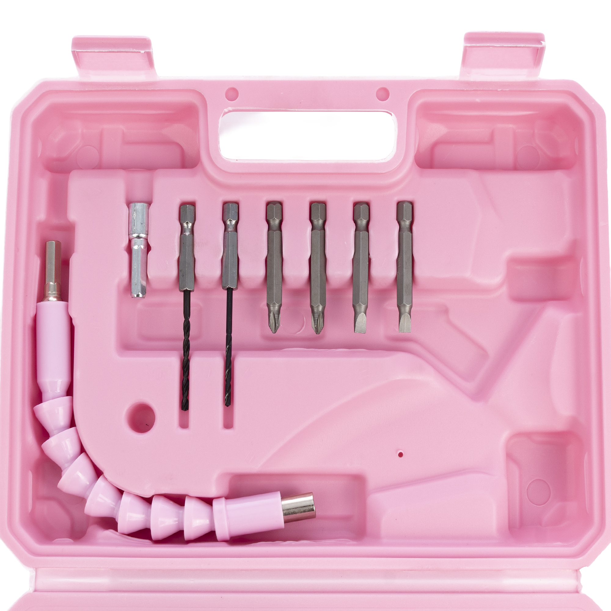 Una cassetta degli attrezzi rosa con diverse punte e accessori, tra cui un'estensione flessibile.
