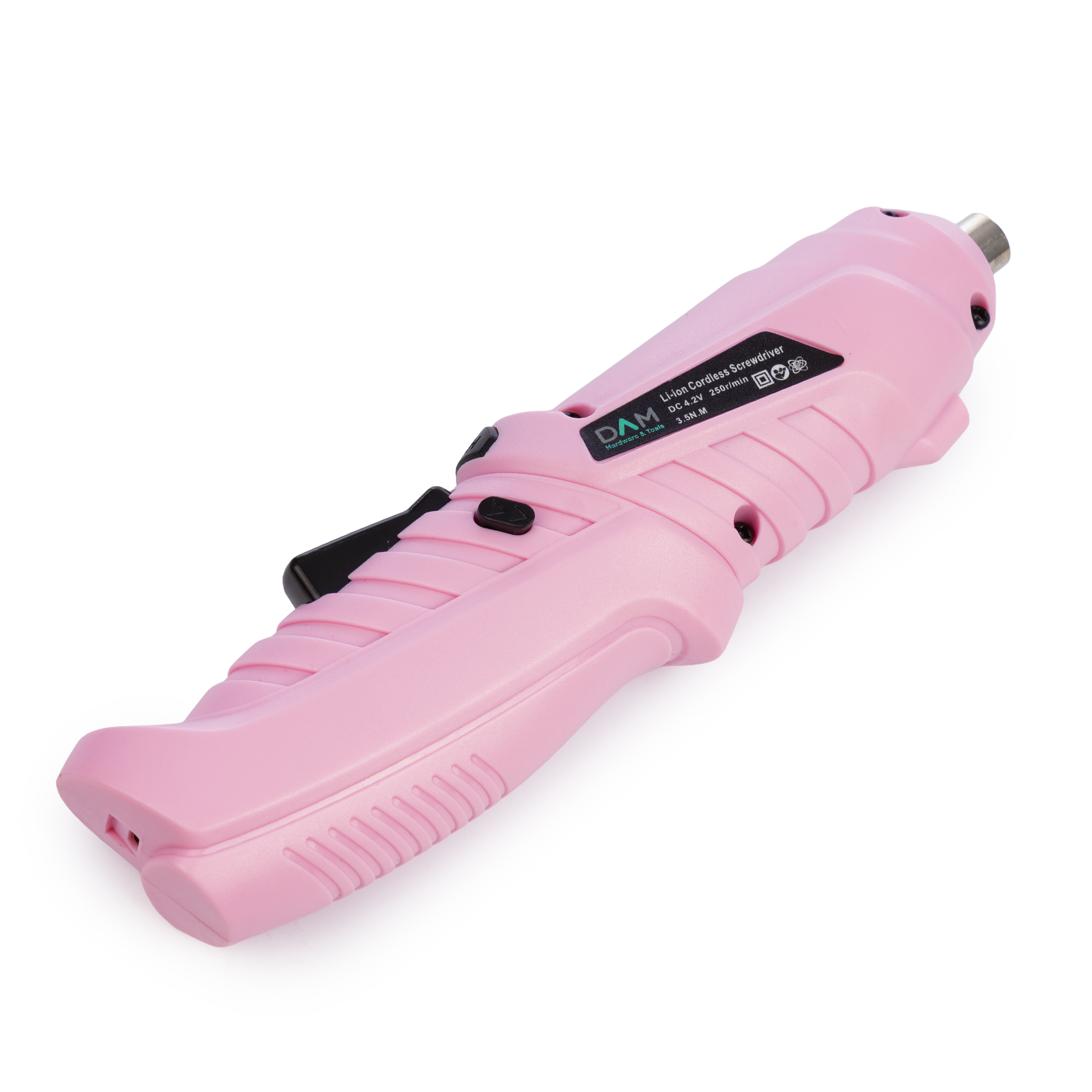 Un cacciavite rosa senza fili. Ha un interruttore nero e un'etichetta con la scritta DAM Hardware & Tools.