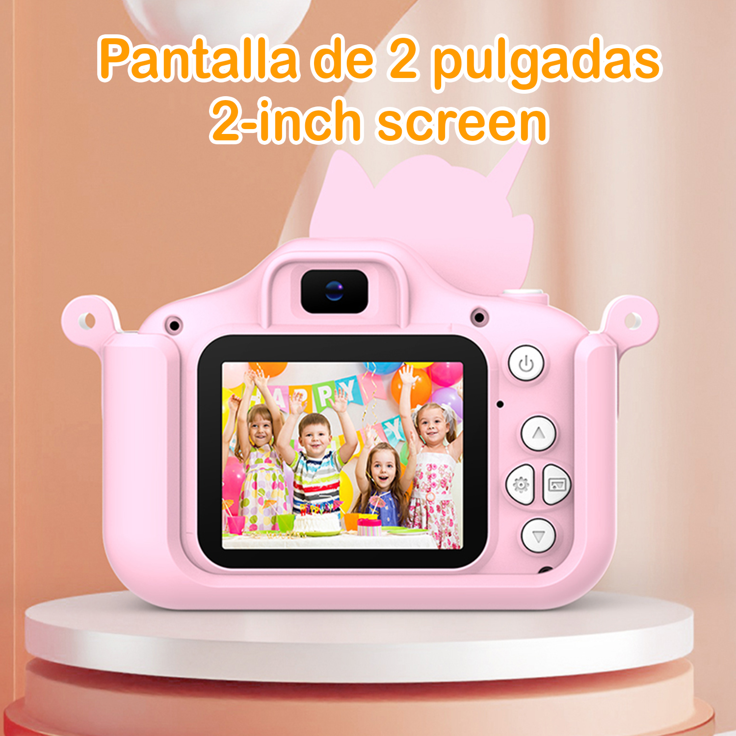 Fotocamera rosa per bambini con schermo che mostra bambini a una festa. Il testo dice 'schermo da 2 pollici'.