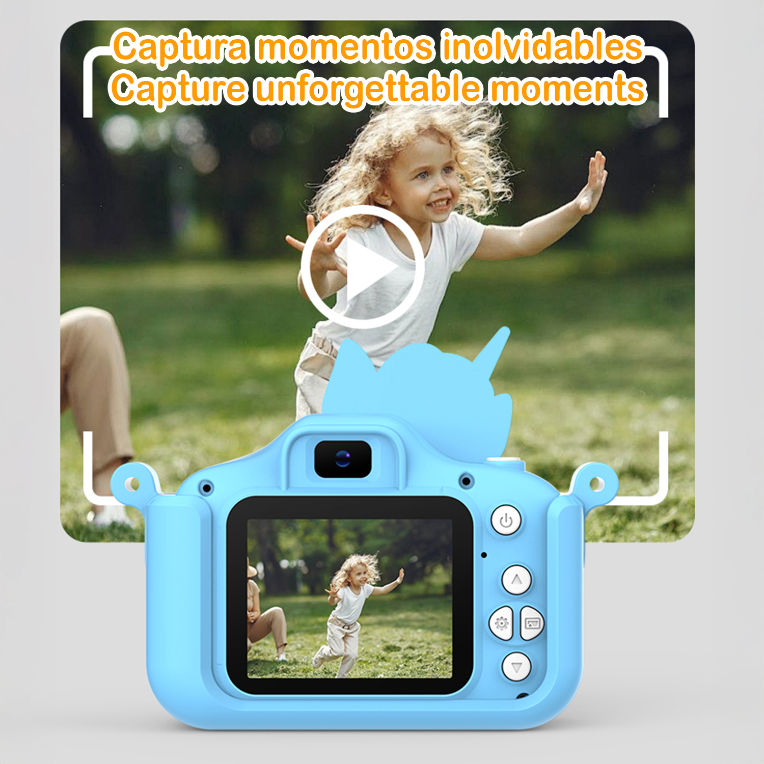 Viene visualizzata una fotocamera blu con l'immagine di un bambino sullo schermo. Una bambina corre in un parco, sorridendo, con un pulsante play.