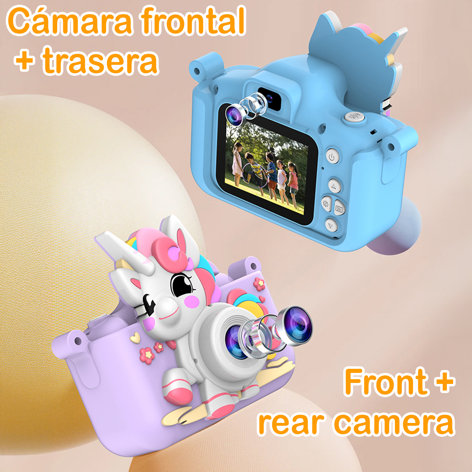 Due fotocamere giocattolo, una blu e una viola, a forma di unicorni. Testo: 'Fotocamera anteriore + posteriore'.