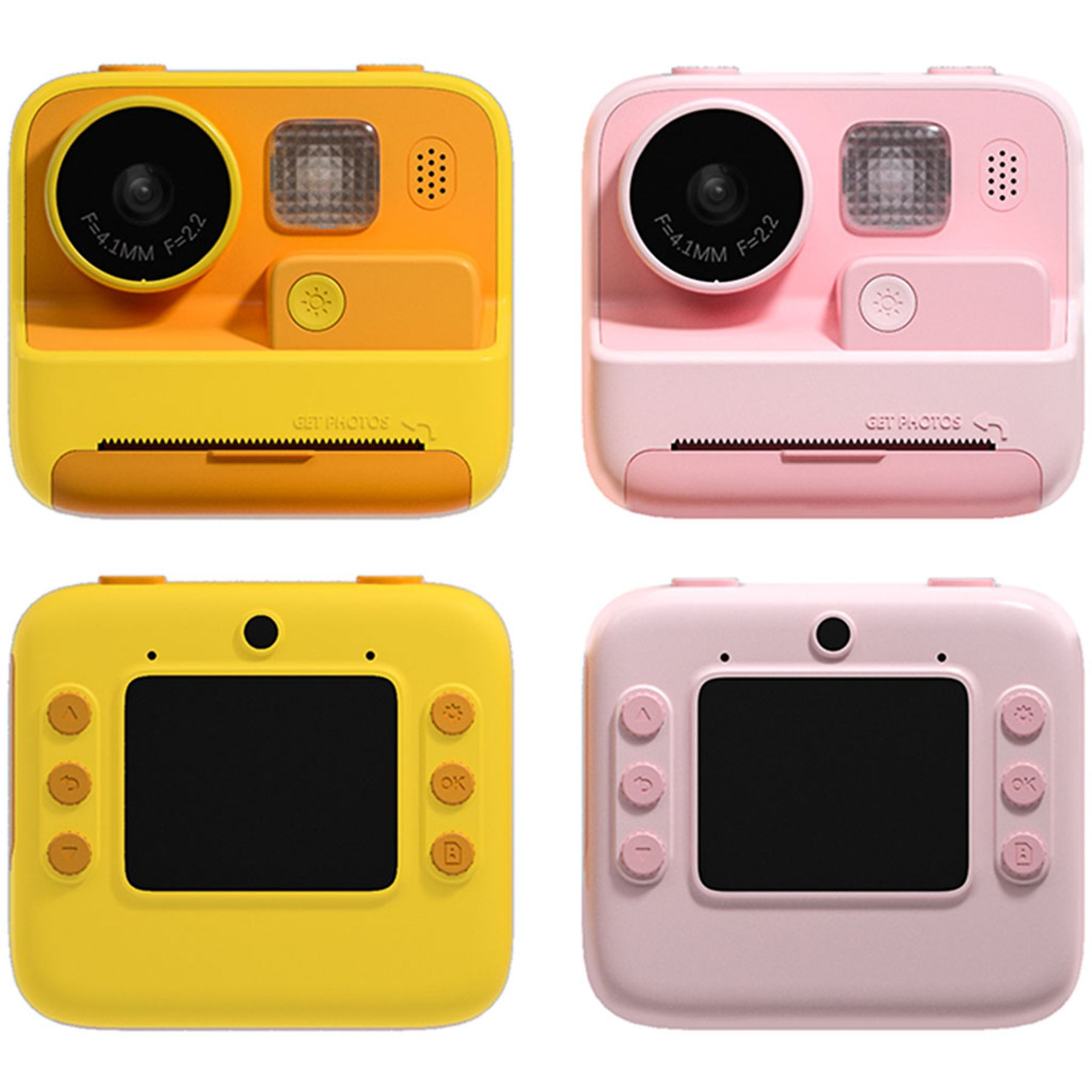 Vier farbenfrohe Spielzeugkameras: gelb und orange sowie rosa. Jede hat ein Objektiv, einen Blitz und Knöpfe. Sie sind bereit zum Fotografieren.