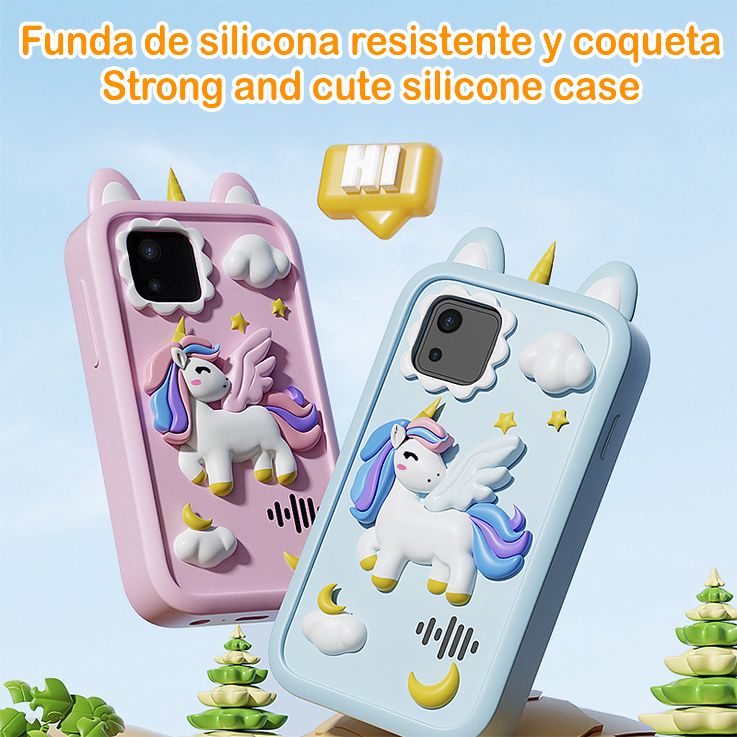 Due custodie per telefoni con disegni di unicorni. Una rosa, una blu. Entrambe hanno dettagli gialli e dettagli di nuvole/stelle. Lo sfondo è blu.
