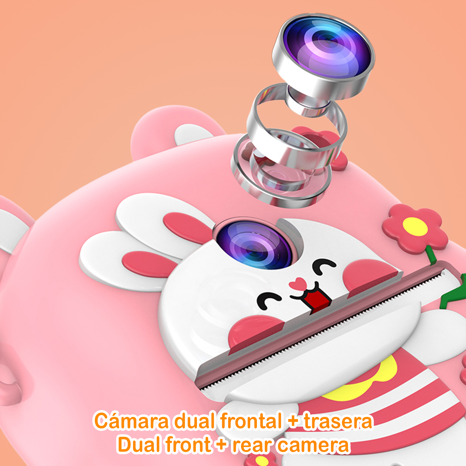 Un telefono rosa a forma di coniglio con doppia fotocamera. Il telefono ha una faccia felice. Testo: Doppia fotocamera anteriore + posteriore.
