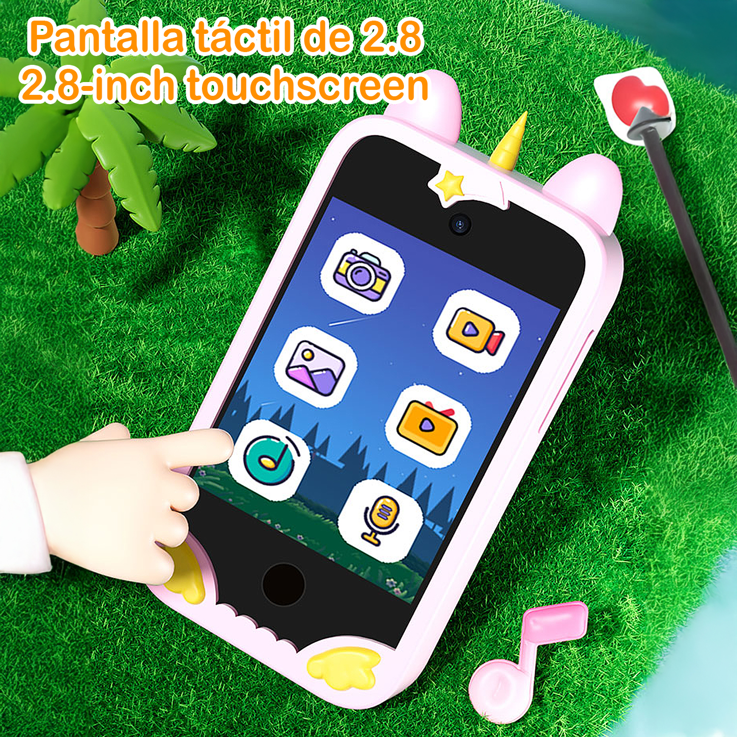 Telefono touchscreen rosa a tema unicorno su erba verde. Una mano tocca lo schermo con icone. Palma e una nota musicale sono presenti.