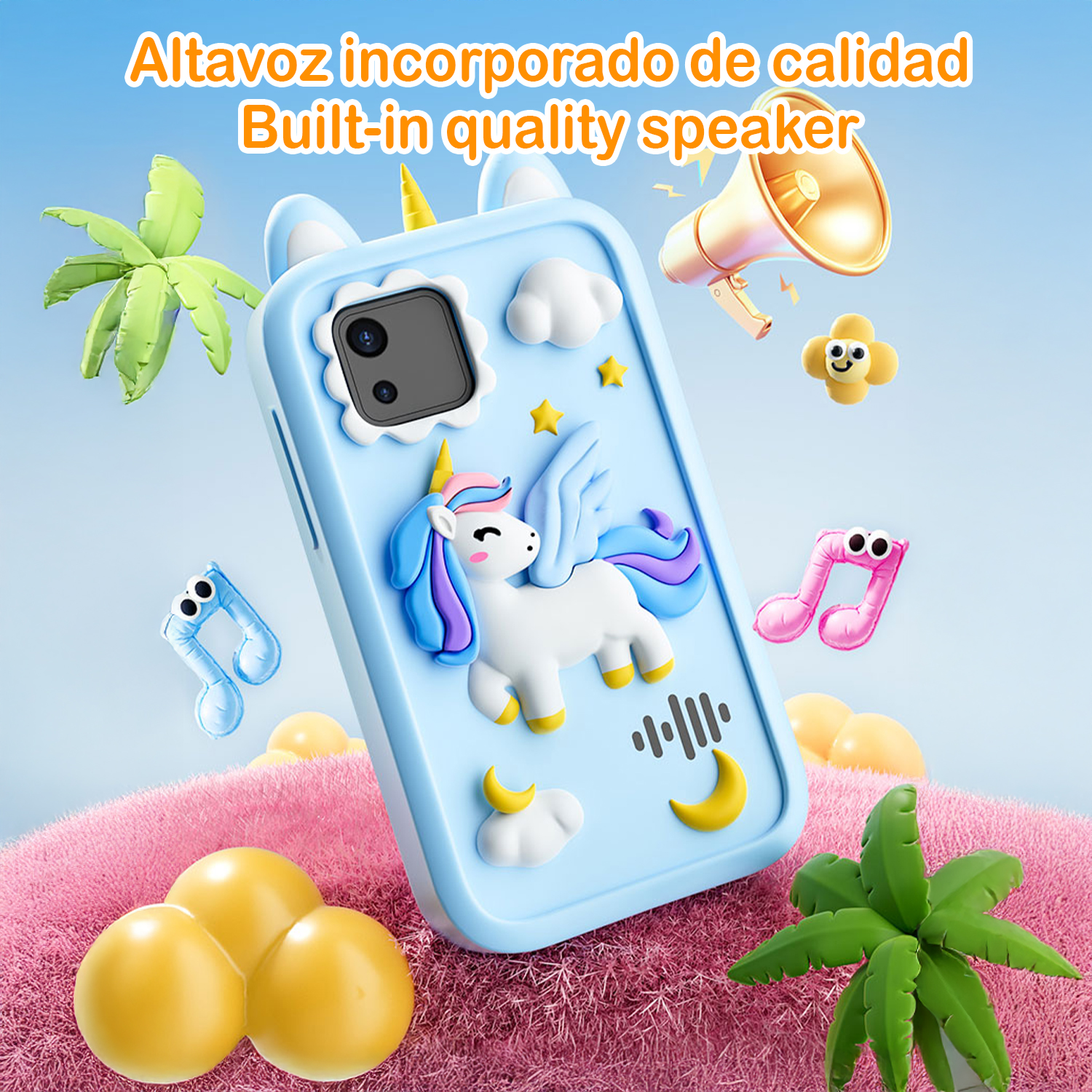 Una custodia per telefono con un design a unicorno e altri elementi decorativi che fluttuano intorno, il tutto su sfondo blu.