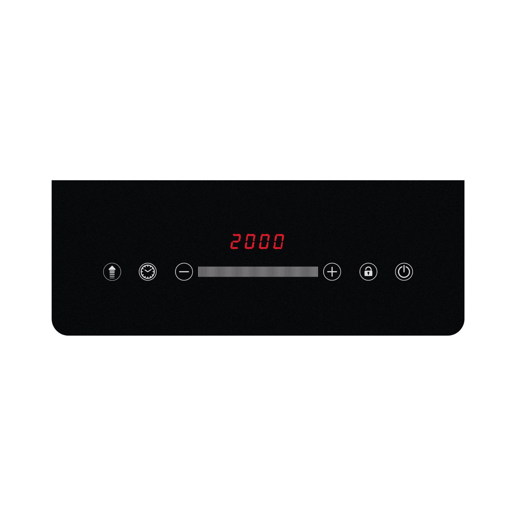 Pannello comandi piano cottura a induzione nero. Visualizza "2000" in rosso. Include comandi touch per potenza, timer e blocco.