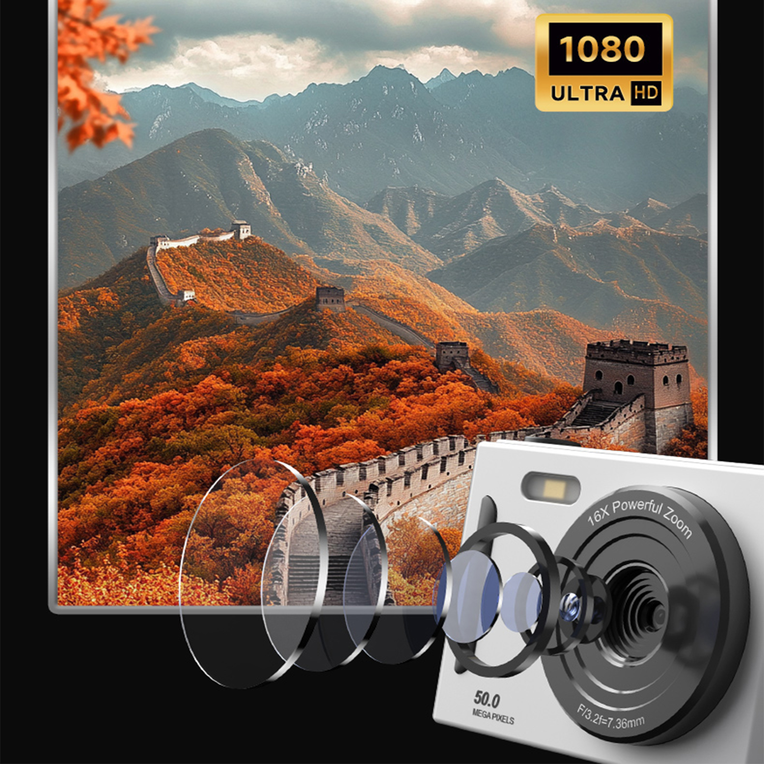 Una fotocamera mostra la Grande Muraglia. Lo sfondo presenta montagne e alberi autunnali. L'obiettivo della fotocamera è davanti. È scritto Ultra HD.