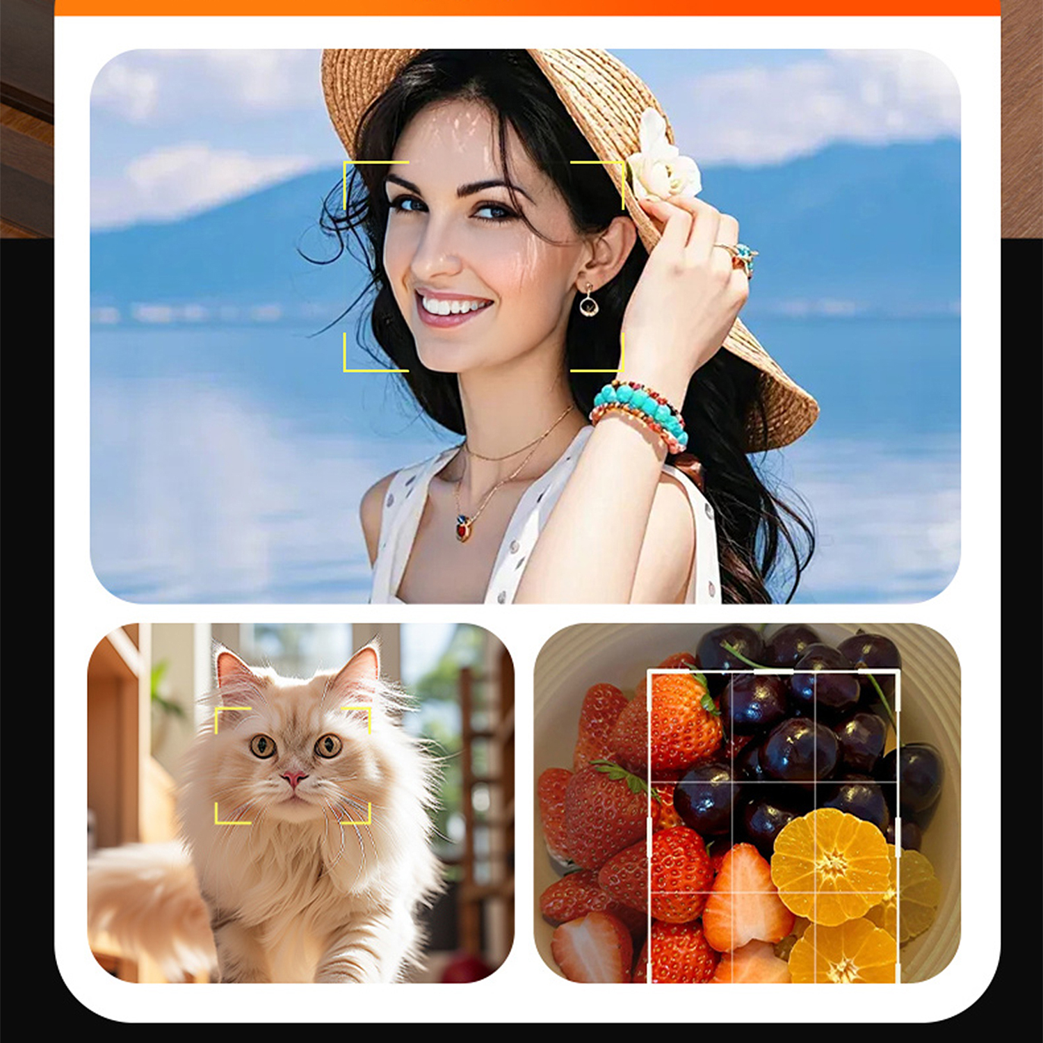 Donna con cappello di paglia sulla spiaggia, gatto e ciotola di frutta. Fragole, ciliegie e arance sono visibili.