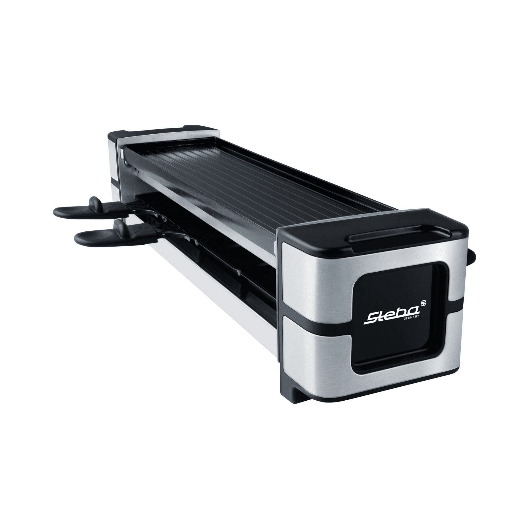 Ein silberner und schwarzer Steba Raclette-Grill. Er hat eine Grillplatte, Griffe und das Steba-Logo auf der Vorderseite.