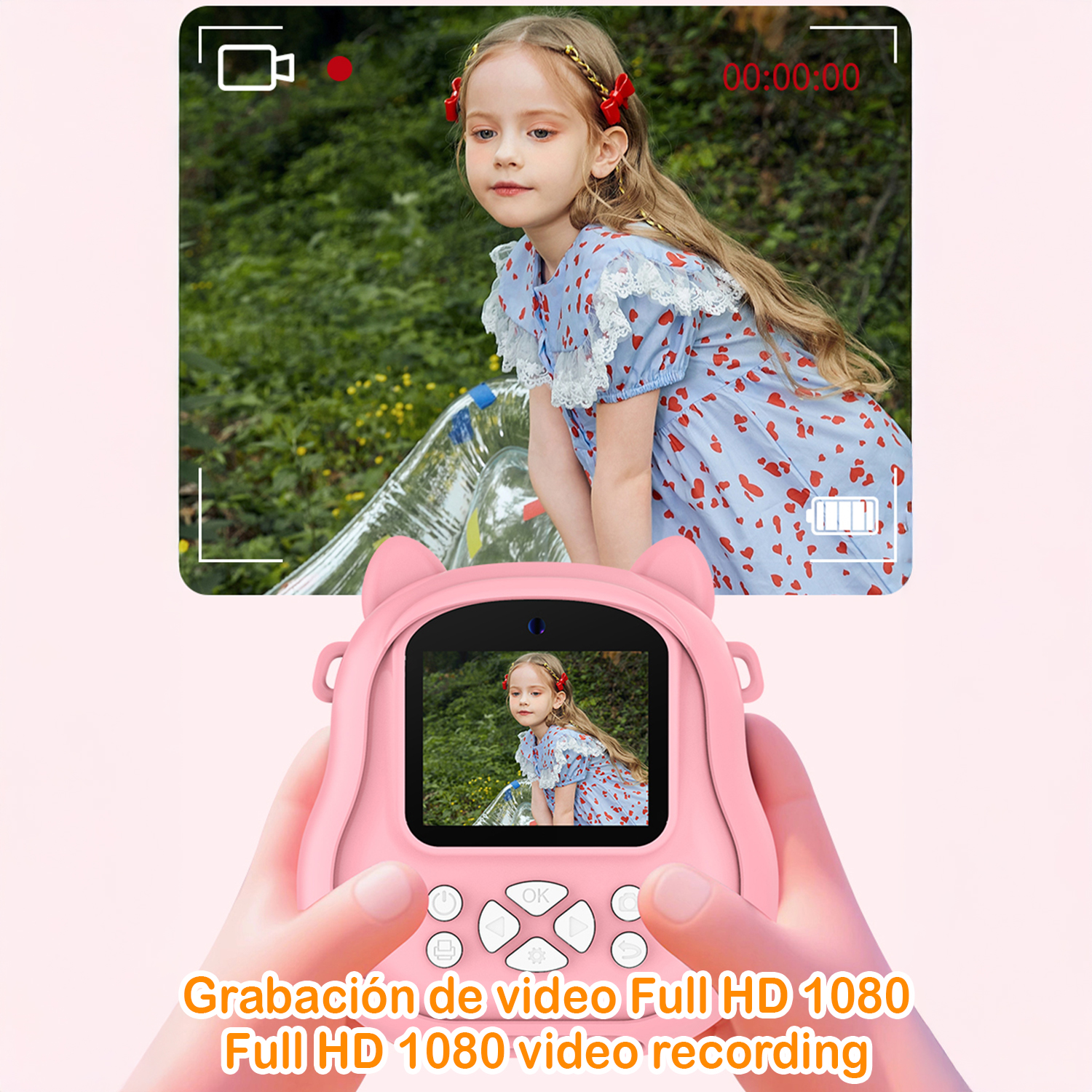 Una ragazza con un vestito blu a cuori rossi è inquadrata sullo schermo di una fotocamera. Si tiene in mano una fotocamera rosa. Sullo sfondo, fogliame verde.