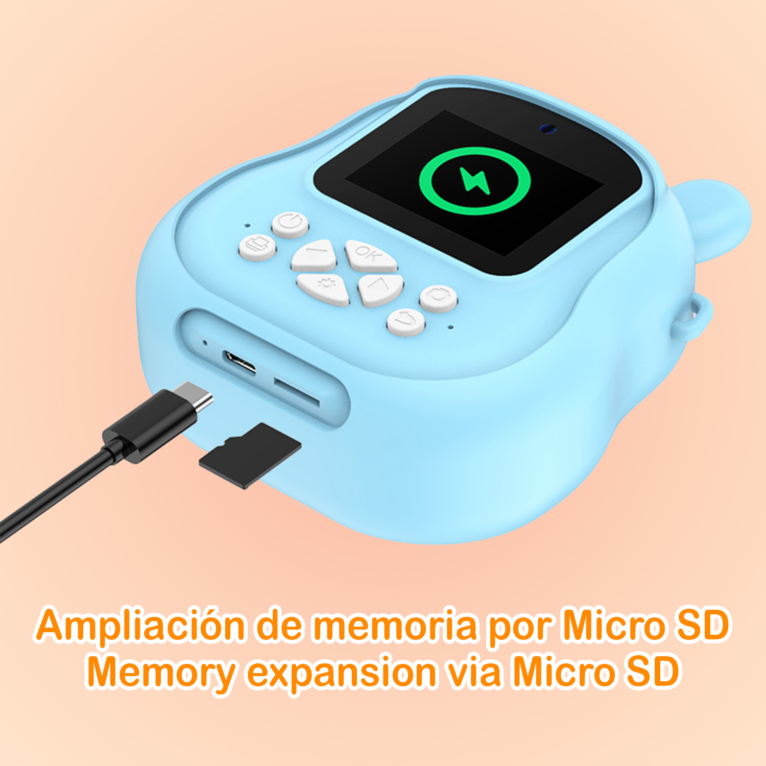 Una fotocamera blu per bambini con schermo, pulsanti, cavo di ricarica e scheda micro SD. Lo schermo mostra un fulmine verde.