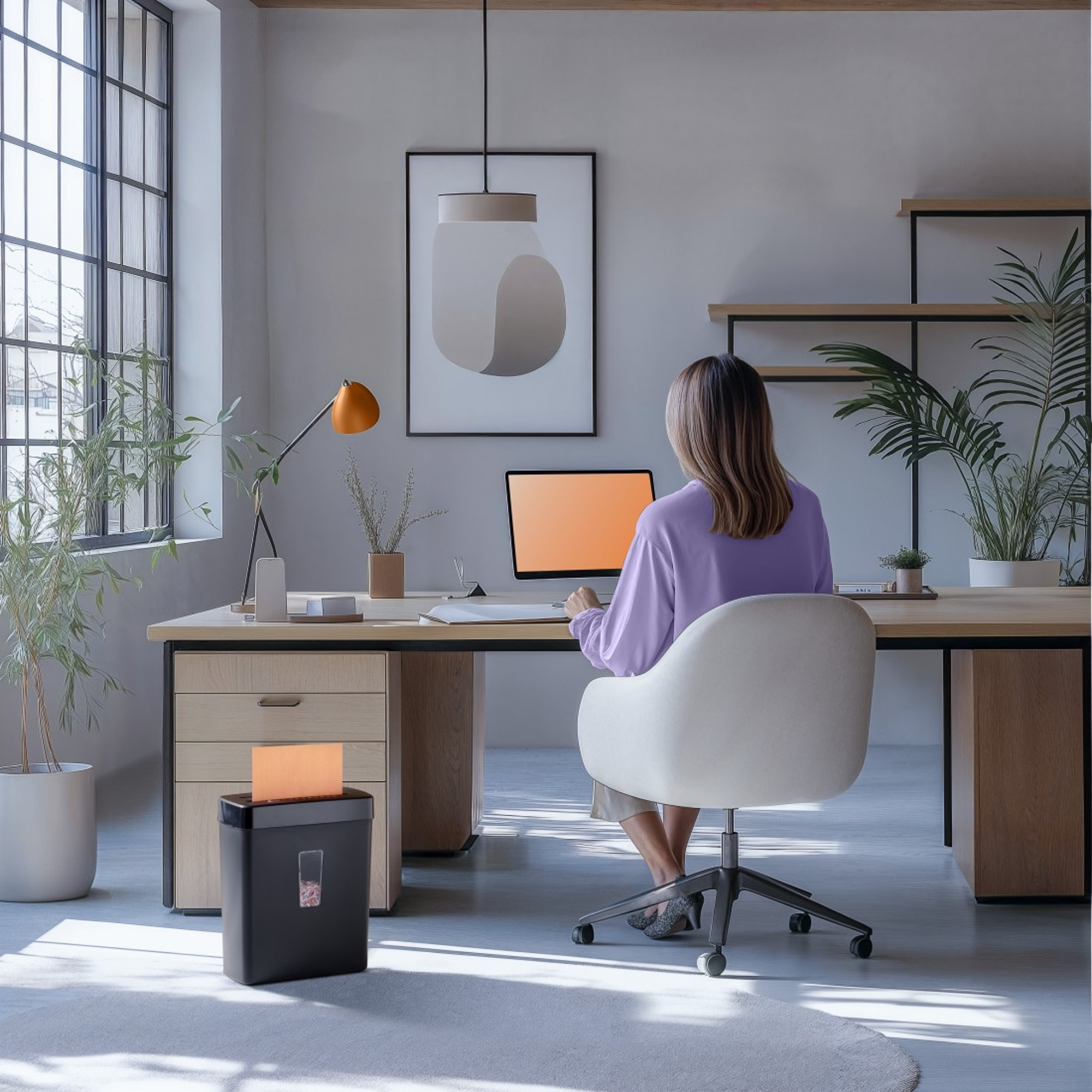 Kobieta siedzi przy biurku, zwrócona twarzą do komputera. W pokoju znajduje się duże okno, dzieła sztuki, rośliny i niszczarka do papieru.