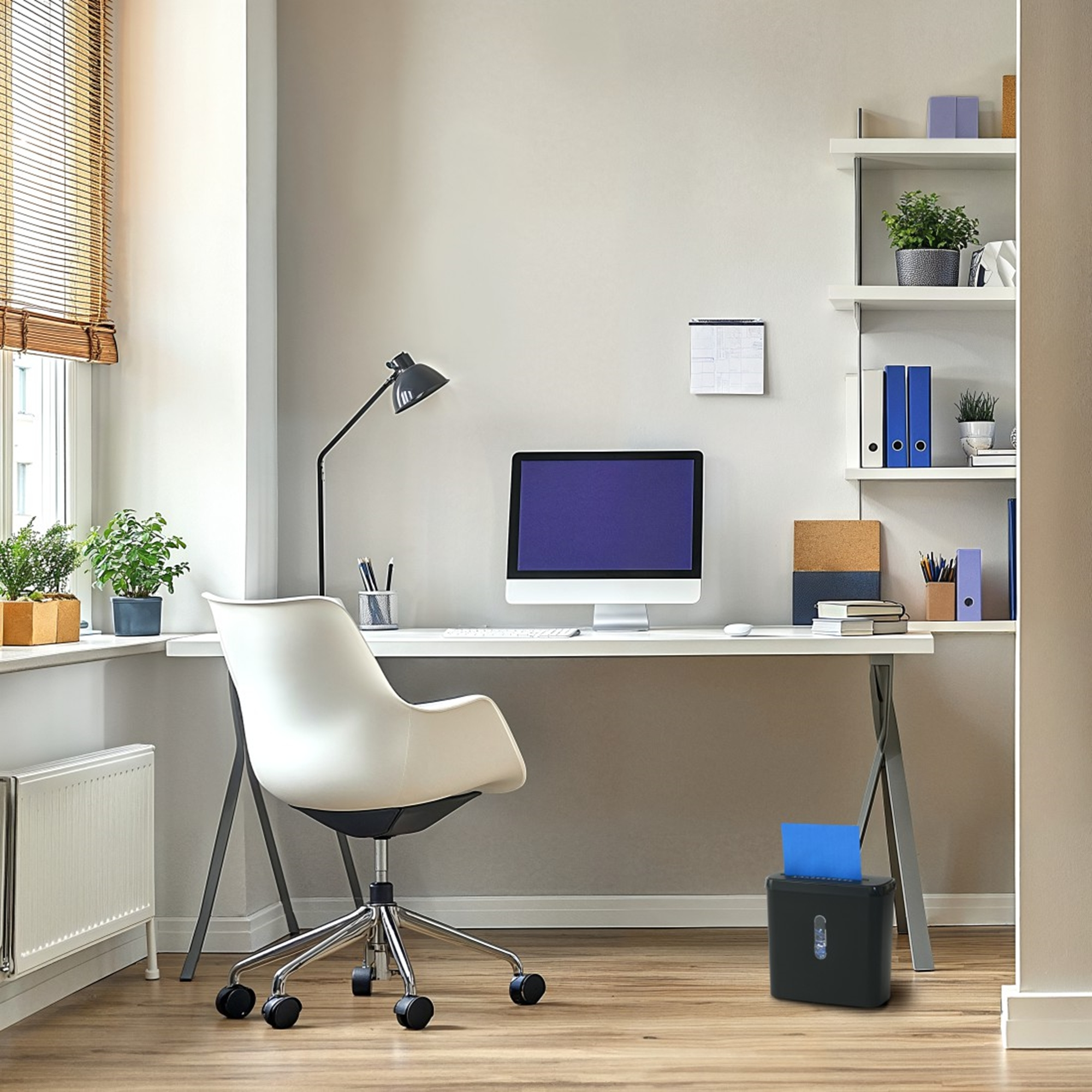 Scène de bureau. Bureau blanc avec ordinateur, chaise et destructeur. Plantes, étagères et fenêtre avec stores visibles.