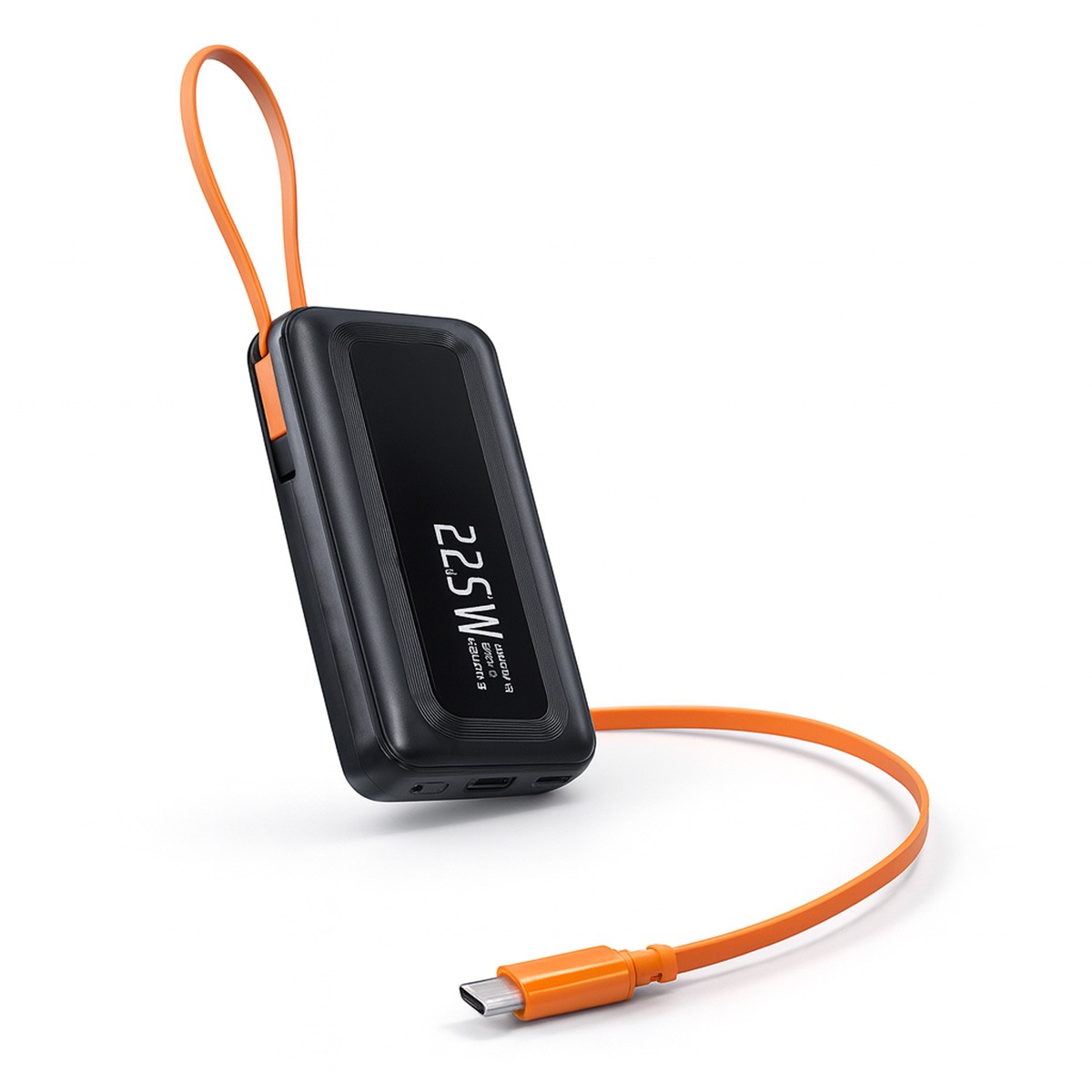 Un banco de energía negro con una correa y cable naranja. El banco de energía muestra 22,5W. El fondo es blanco.