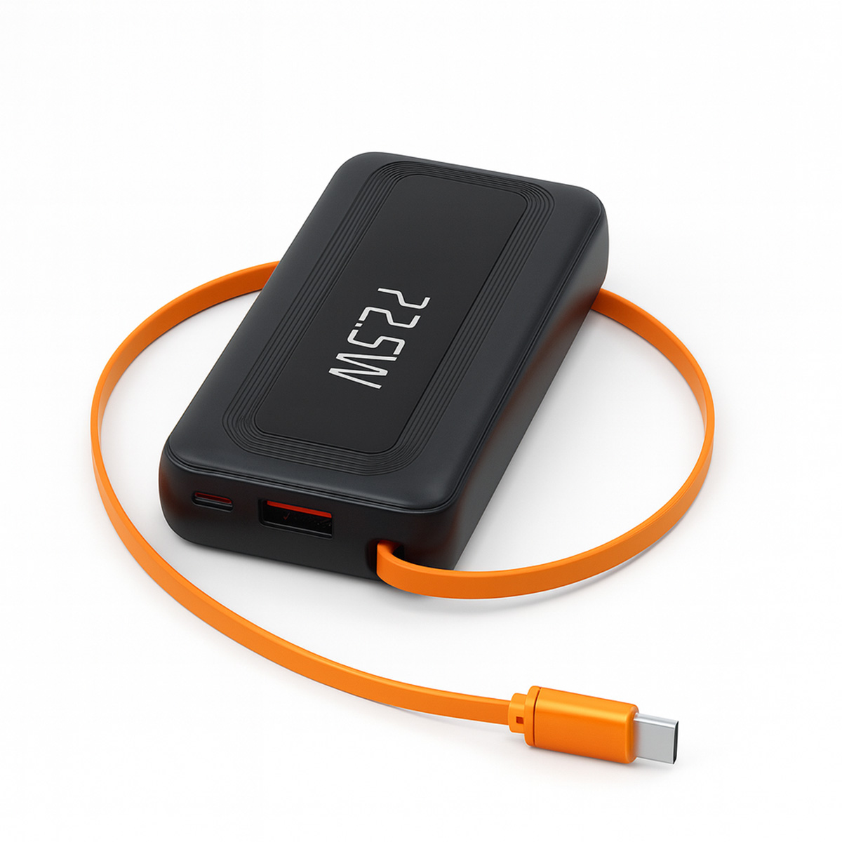 Batería externa negra con cable naranja, que muestra 22,5W. El cable está enrollado alrededor del dispositivo y tiene un conector USB-C.