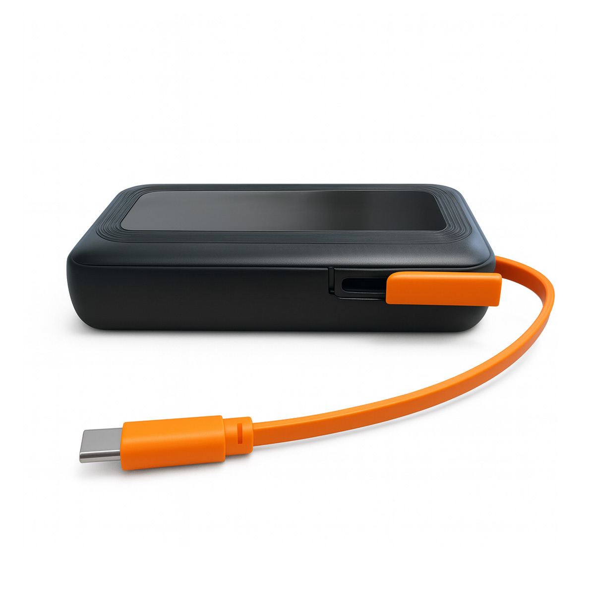 Dispositivo rectangular negro con cable y conector naranja. El dispositivo tiene una superficie superior brillante y una pestaña naranja.