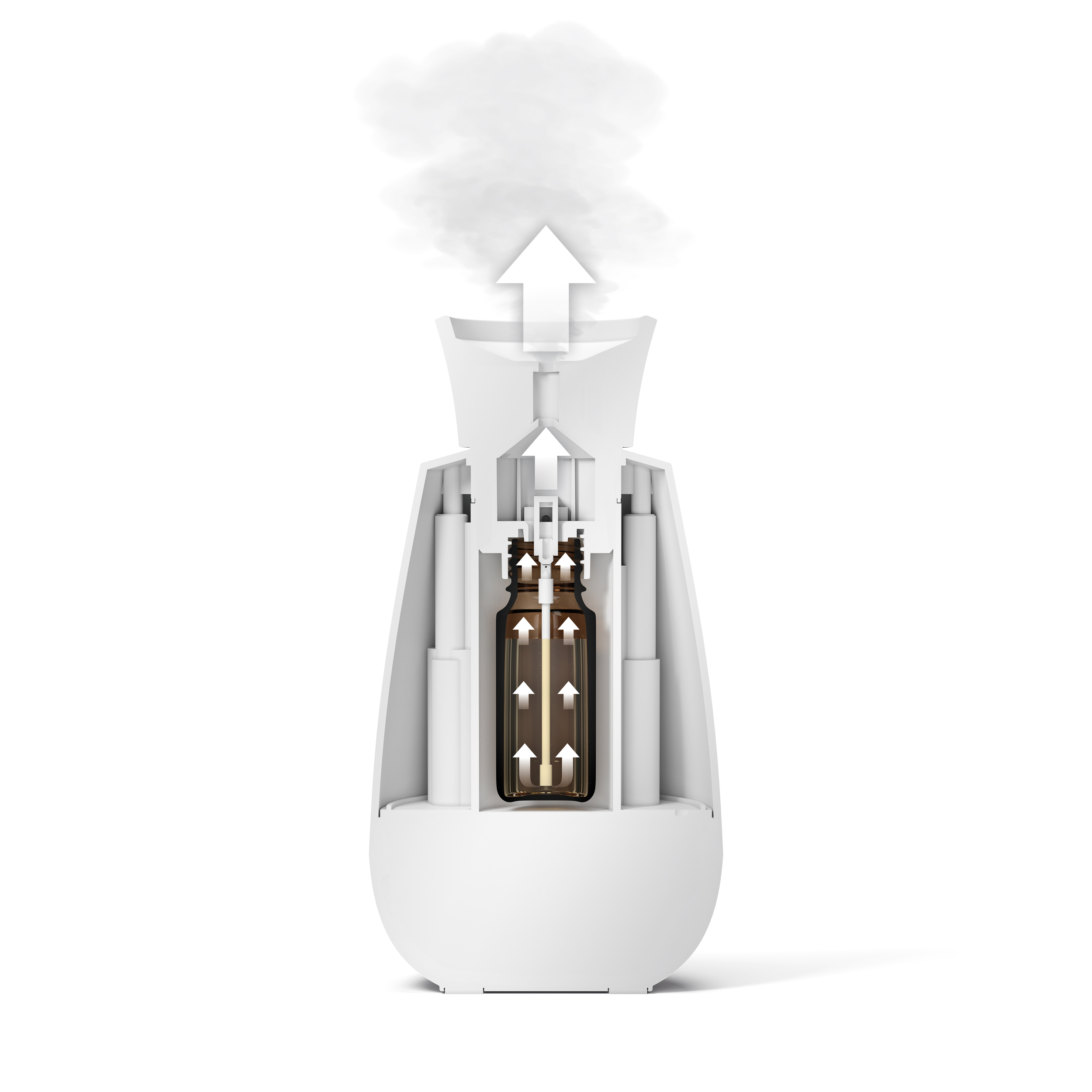 Biały dyfuzor z wycięciem pokazującym dwie brązowe butelki, ze strzałkami pokazującymi przepływ powietrza i dym.