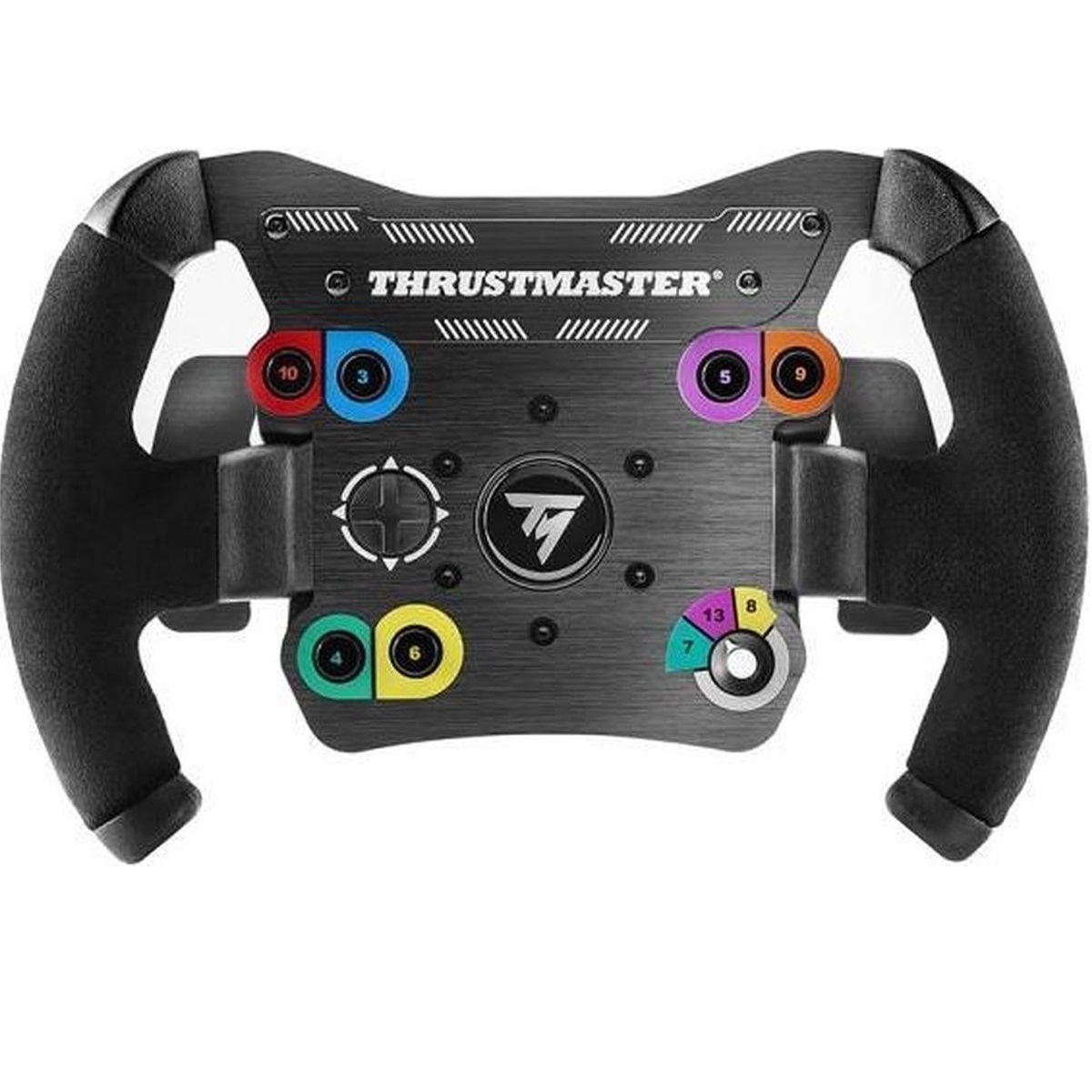 Un volant de course Thrustmaster noir avec plusieurs boutons colorés et un logo central. Les poignées sont également noires.