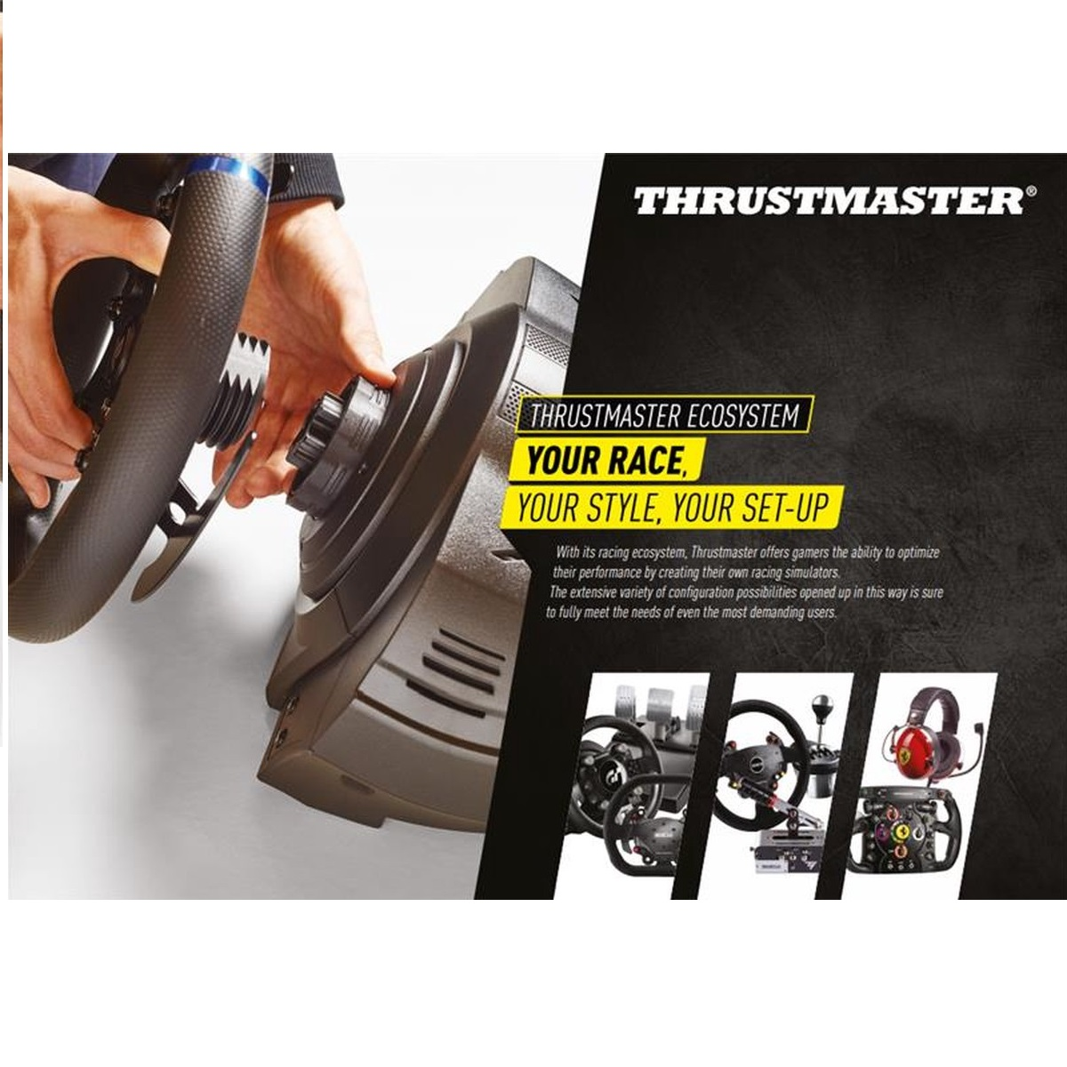 Une personne tenant un volant de course noir. Logo et texte Thrustmaster. Trois configurations de simulateur de course sont affichées ci-dessous.