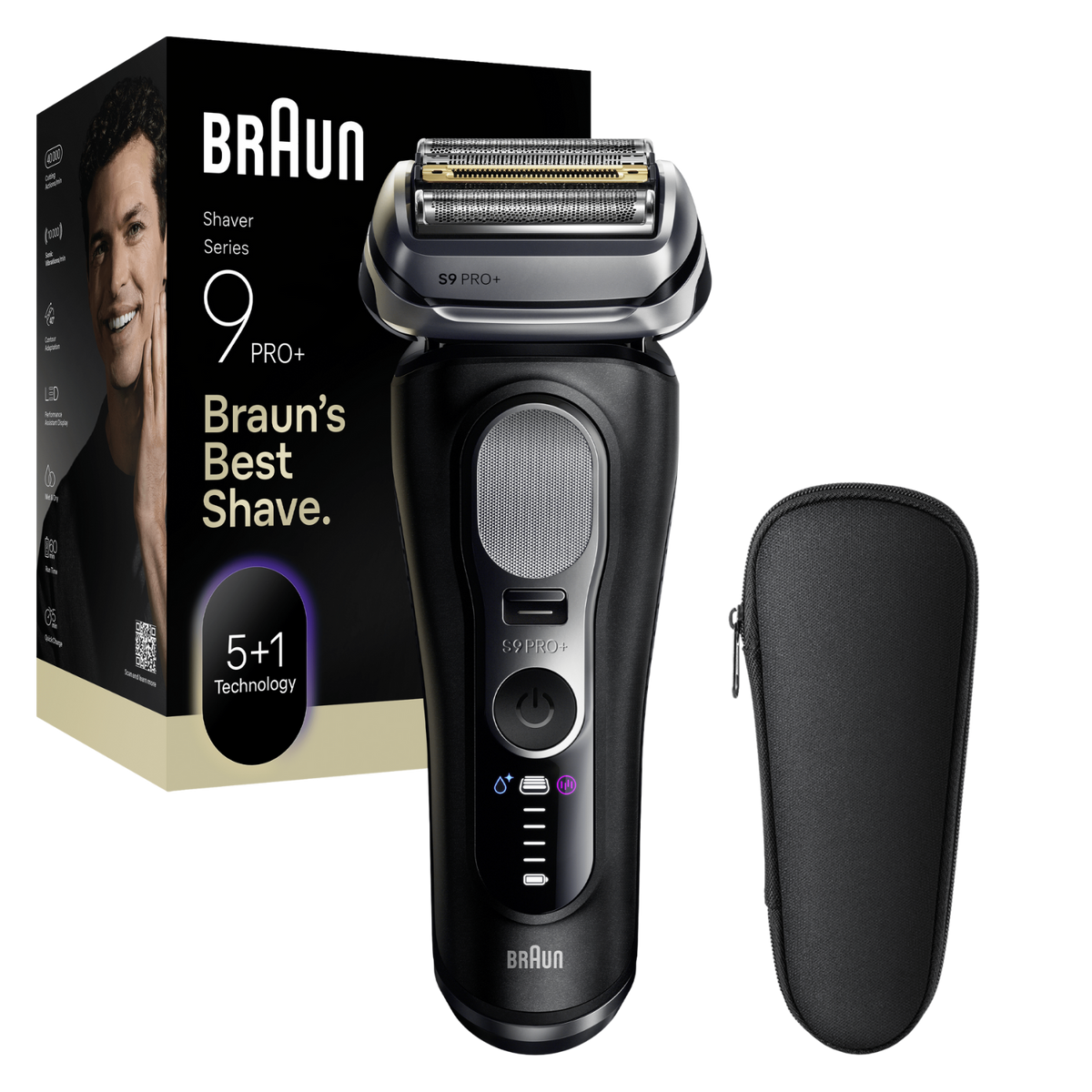 Elektryczna golarka Braun Series 9 Pro+, pudełko i etui podróżne na czarnym tle. Golarka jest czarna i srebrna.