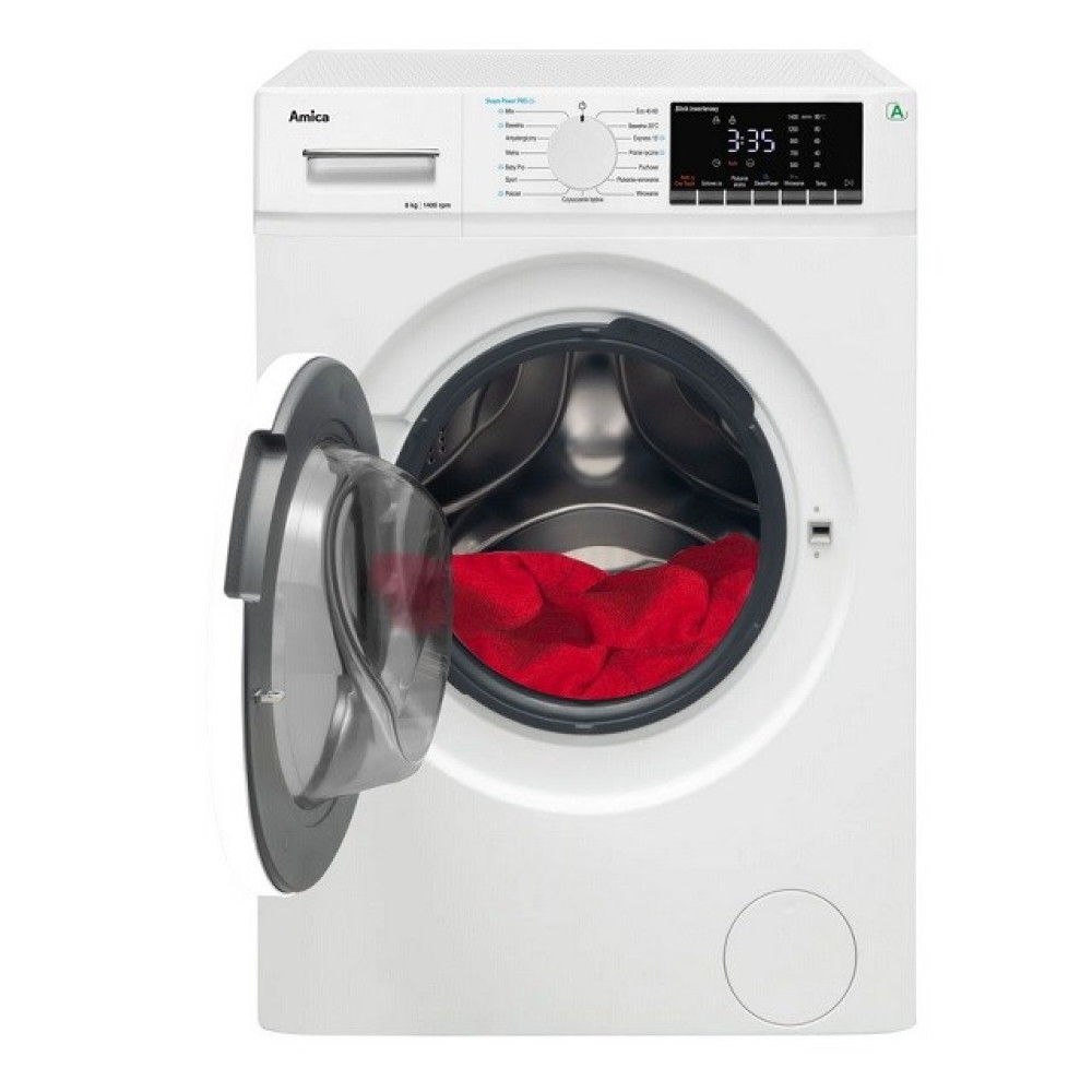 Biała pralka Amica z otwartymi drzwiami, ujawniająca czerwone ubrania w środku. Wyświetlacz pokazuje 3:35. Drzwi są przezroczyste.