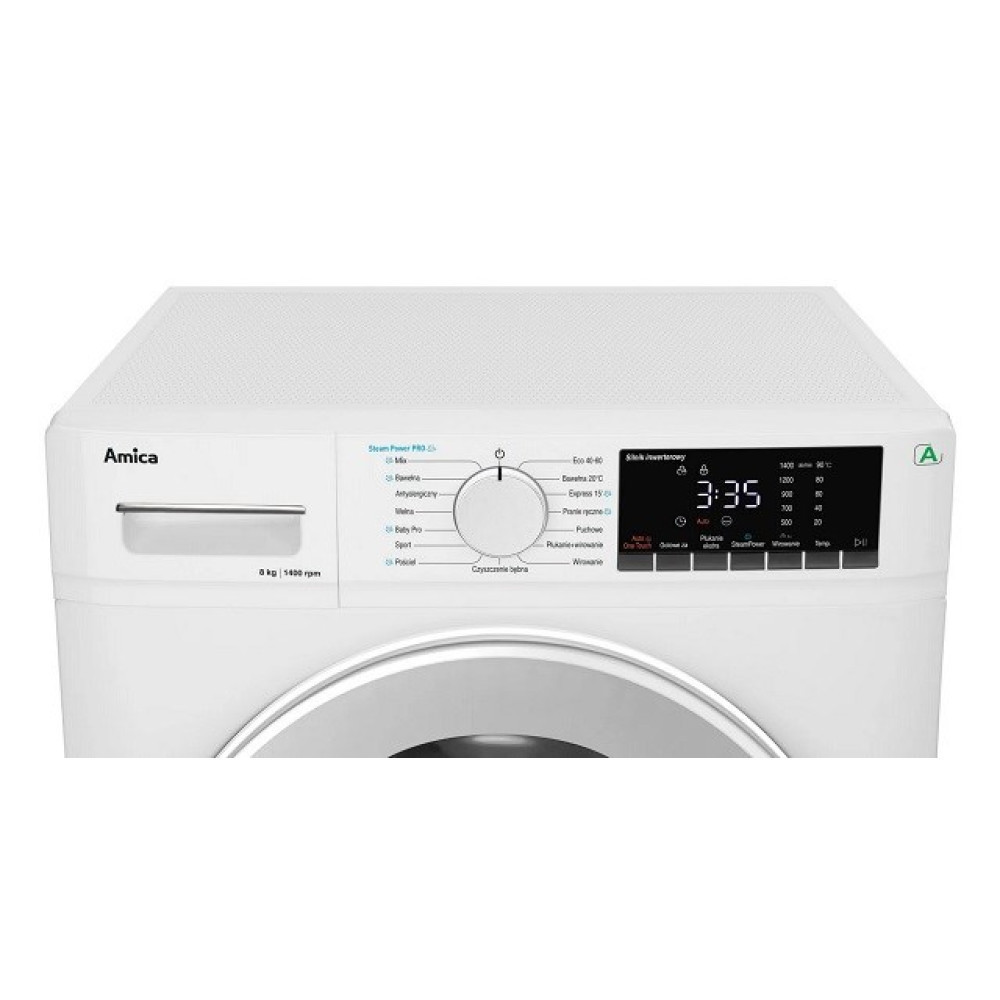 Biała pralka Amica. Posiada cyfrowy wyświetlacz pokazujący 3:35. Panel sterowania zawiera różne opcje programów.