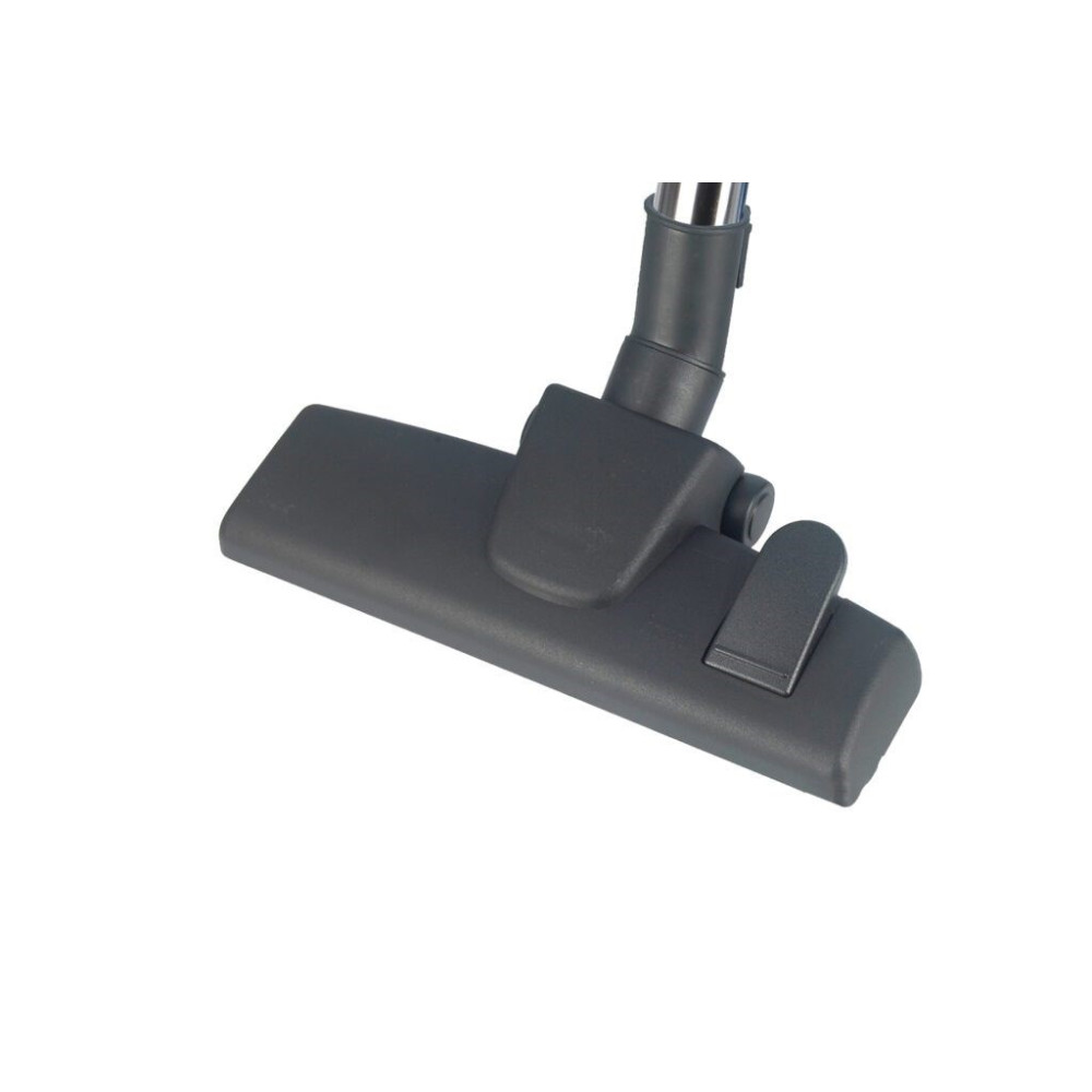 Zbliżenie ciemnoszarej głowicy i uchwytu odkurzacza na białym tle.