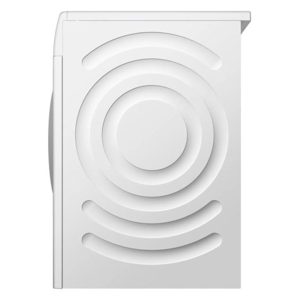 Widok z boku białej pralki. Z przodu ma okrągły wzór ze współśrodkowymi okręgami i zakrzywioną górą.