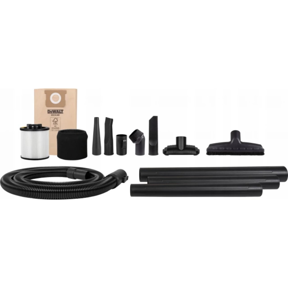 Akcesoria do odkurzacza rozłożone. Zawiera filtr, worek i różne czarne dysze i rury.