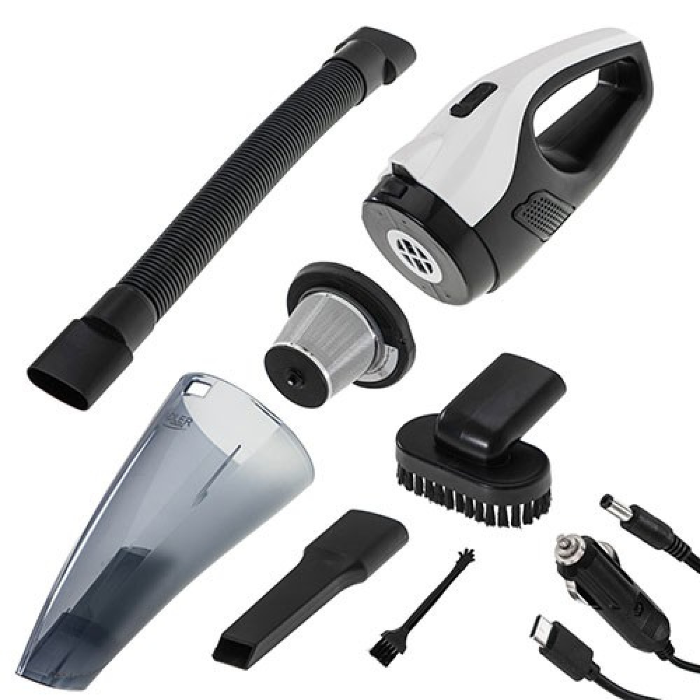 Zdemontowany czarno-biały odkurzacz ręczny z różnymi nasadkami i kablami ładującymi na białym tle.